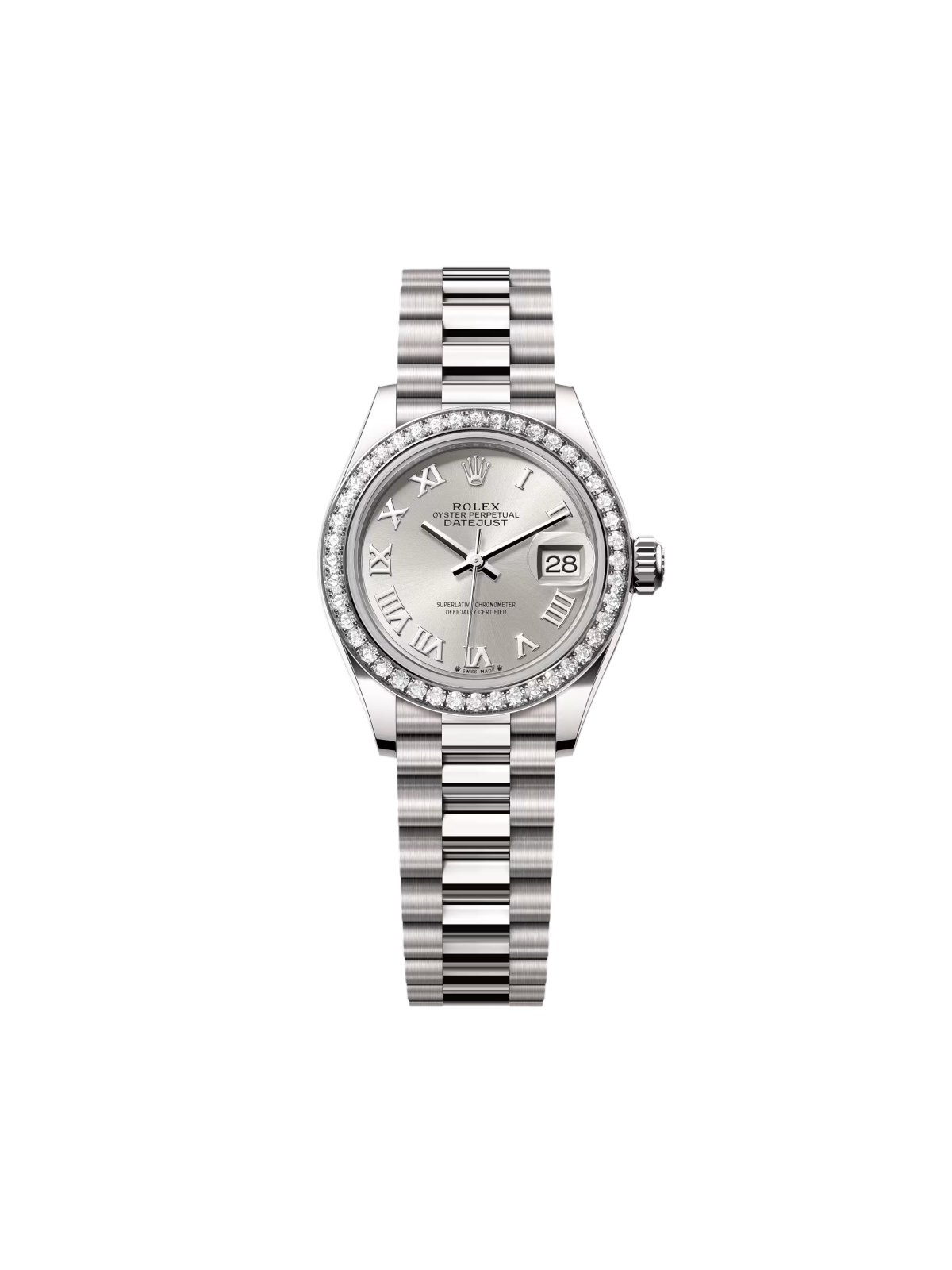 000FFDA2-AB76-8111-1663-076029E22AFA.png Rolex Lady-Datejust 28mm 279139RBR-0007 Silver Roman Dial White Gold Bracelet - Image 1