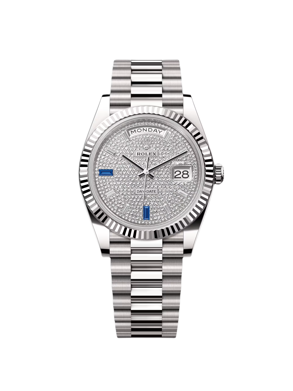 03ED1585-C805-91F2-F707-00BA79328324.png Rolex Day-Date President 40mm White Gold Pave Diamond Sapphire Dial - 228239 - Image 1