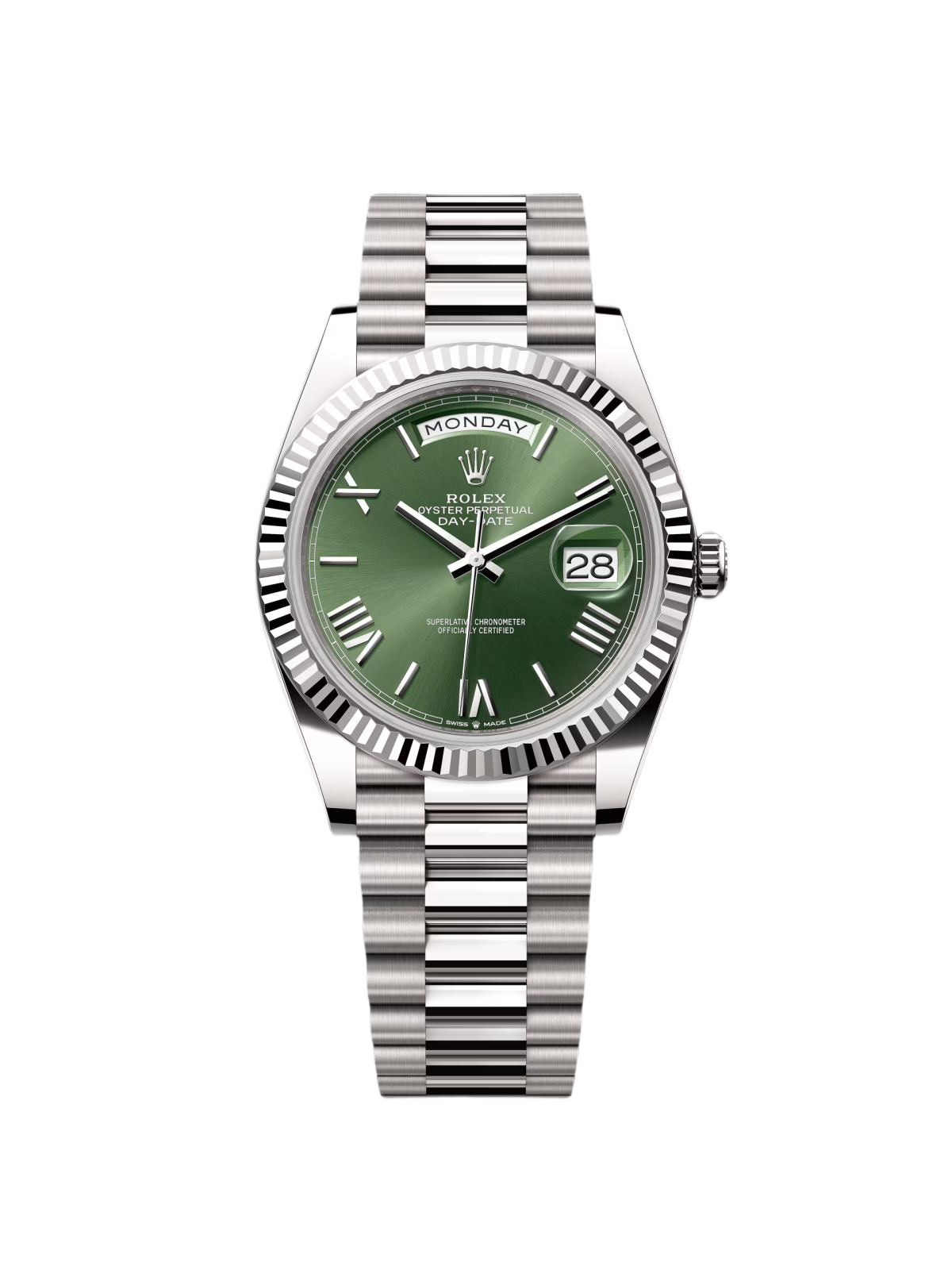 0E734445-4BB1-0DB5-B12E-A55343D1D2A8.png Rolex Day-Date President 40mm White Gold Green Roman Dial - 228239 - Image 1