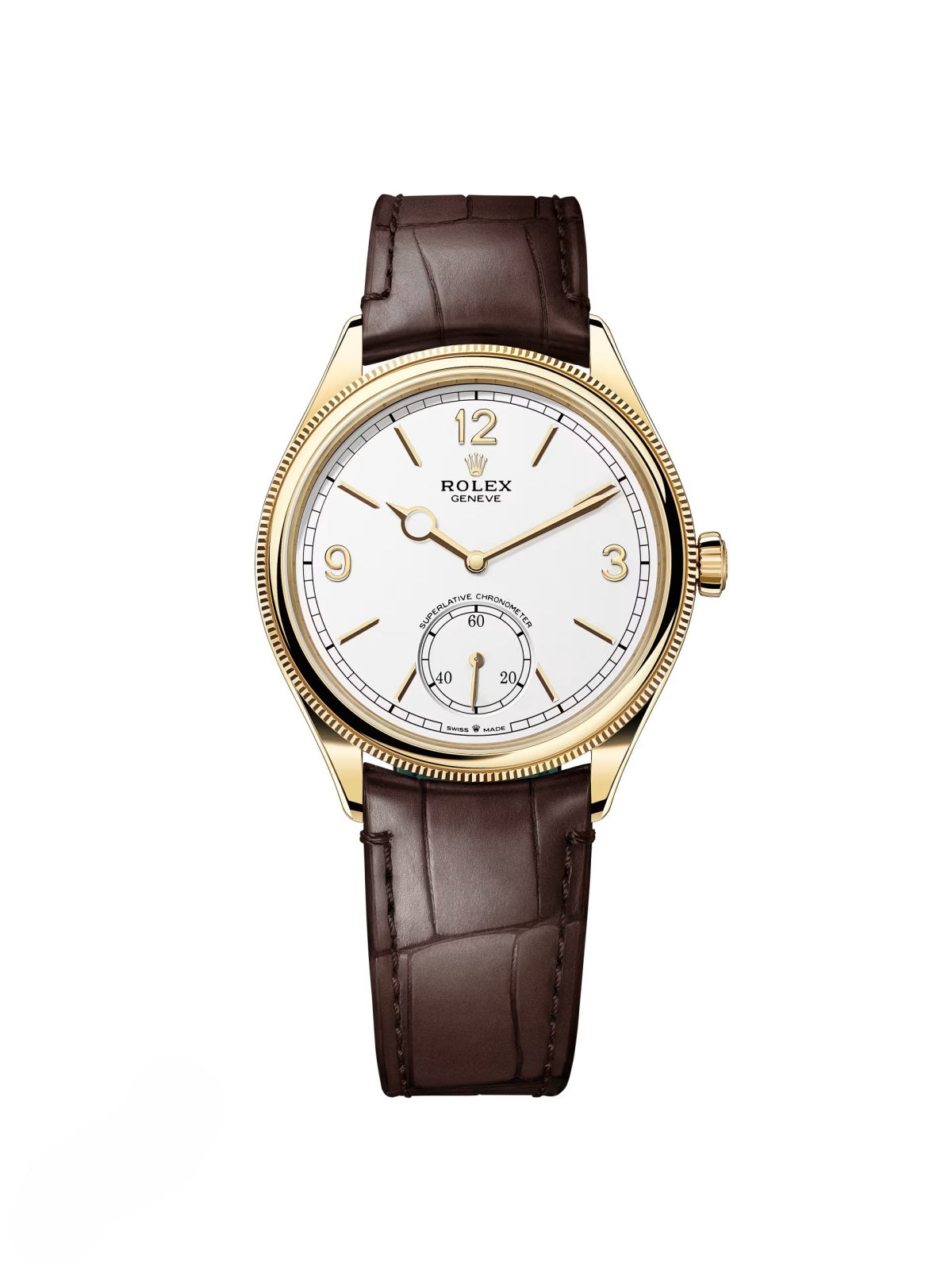 1777DDD8-51A4-B362-2334-00635CD8719B.jpg Rolex 1908 Yellow Gold White Dial Brown Alligator Strap - 52508-0006 - Image 1