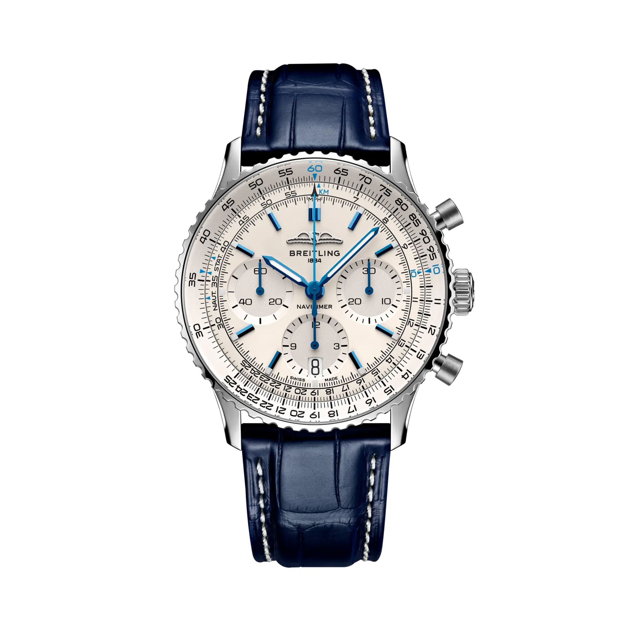 1C0580AA-17DD-766E-AA09-9583B08048A9.png Breitling Navitimer B01 Chronograph 41 Silver Dial Blue Strap AB0139A71G1P1 - Image 1