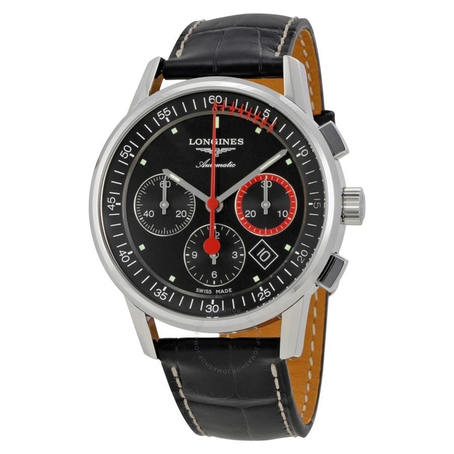 21045935-0A86-17A5-1178-7C1C77C27330.jpg Longines Men's L47544524 Heritage Chronograph Automatic Black Leather Watch - Image 1