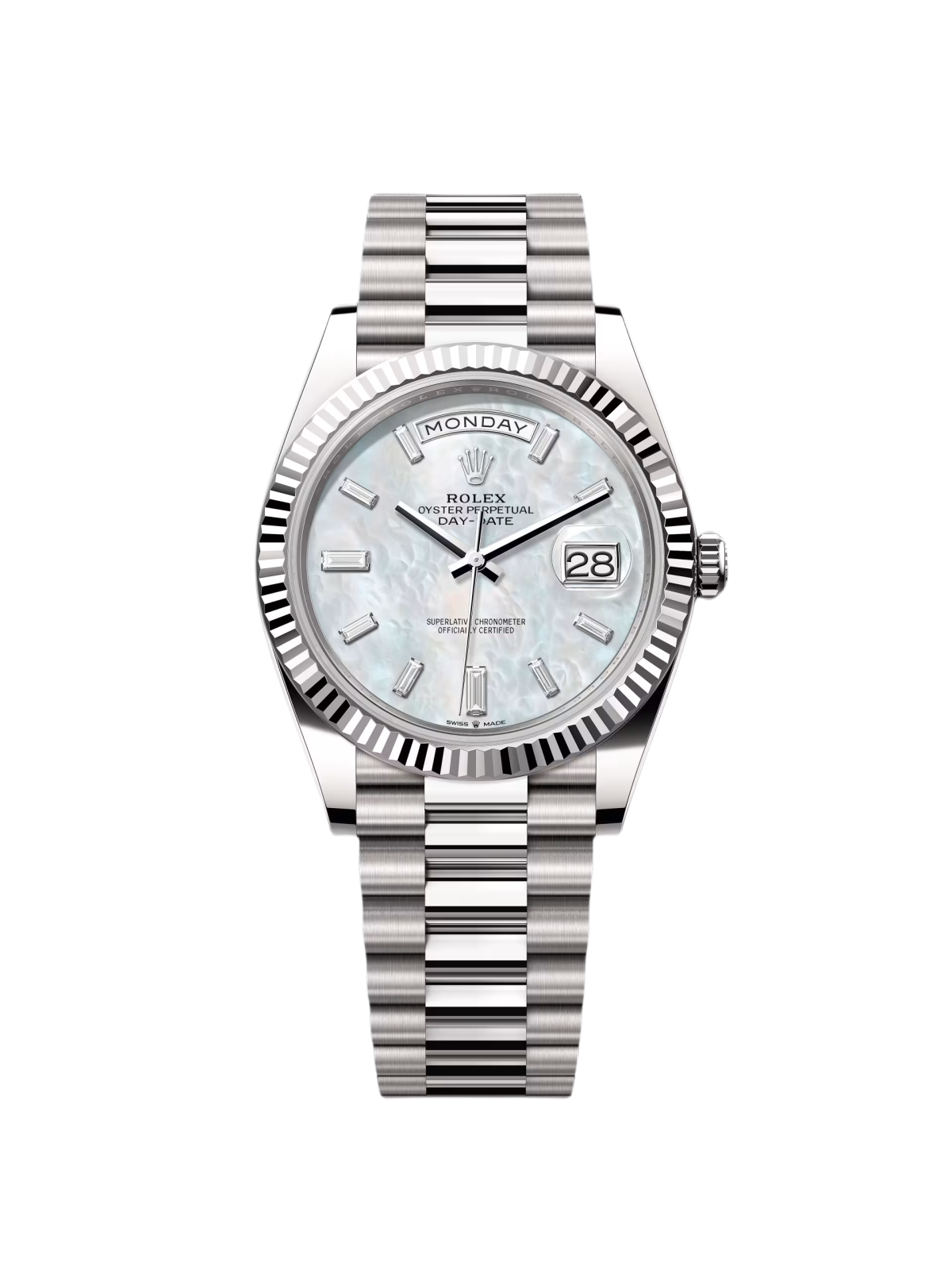 32EB0CB8-8792-166E-B1EA-46E6F440A10B.png Rolex Day-Date President 40mm White Gold Mother of Pearl Diamond Baguette Dial - 228239 - Image 1