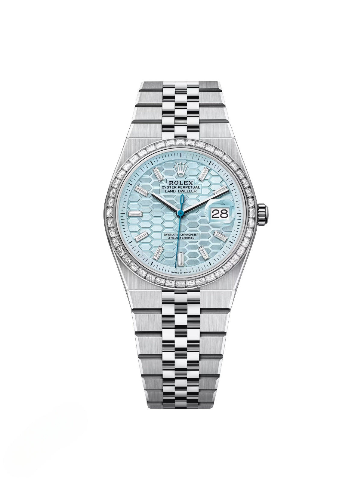 3462EBF6-200E-62AD-E533-5774672C30CF.jpg Rolex Land-Dweller 127286TBR-0001 Blue Honeycomb Dial Diamond Platinum Jubilee Bracelet 36mm - Image 1