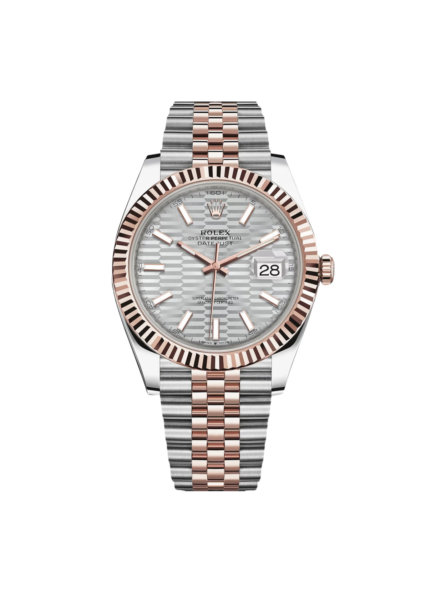 370325FA-99FF-21E2-4BB0-D3AC2F384580_647ee942-cb56-490d-899a-56e0b6b76184.png Rolex Datejust 41mm 126331 Silver Fluted Motif Dial Two Tone Stainless Steel & 18K Rose Gold Jubilee Bracelet Men's Watch - Image 1