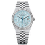 Rolex Land-Dweller 127386TBR-0001 Blue Honeycomb Dial Diamond Platinum Jubilee Bracelet 40mm