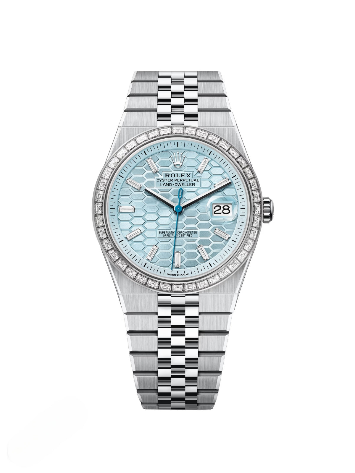 3A3989C3-ADF7-8A3B-02EF-FDCE1B93A94C.jpg Rolex Land-Dweller 127386TBR-0001 Blue Honeycomb Dial Diamond Platinum Jubilee Bracelet 40mm - Image 1