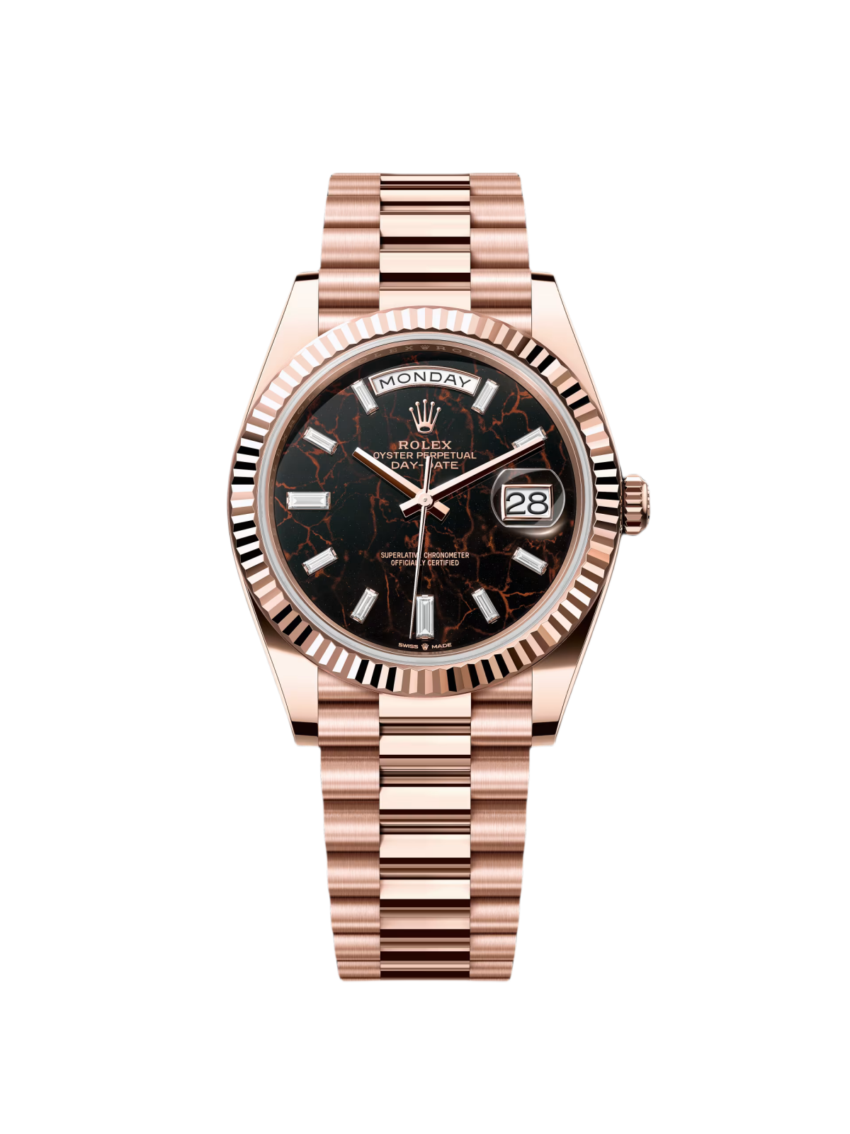 3BD02C20-C2DE-5EAC-0F77-985D8A8D25BC.png Rolex Day-Date President 40mm Everose Eisenkiesel Diamond Baguette Dial - 228235 - Image 1