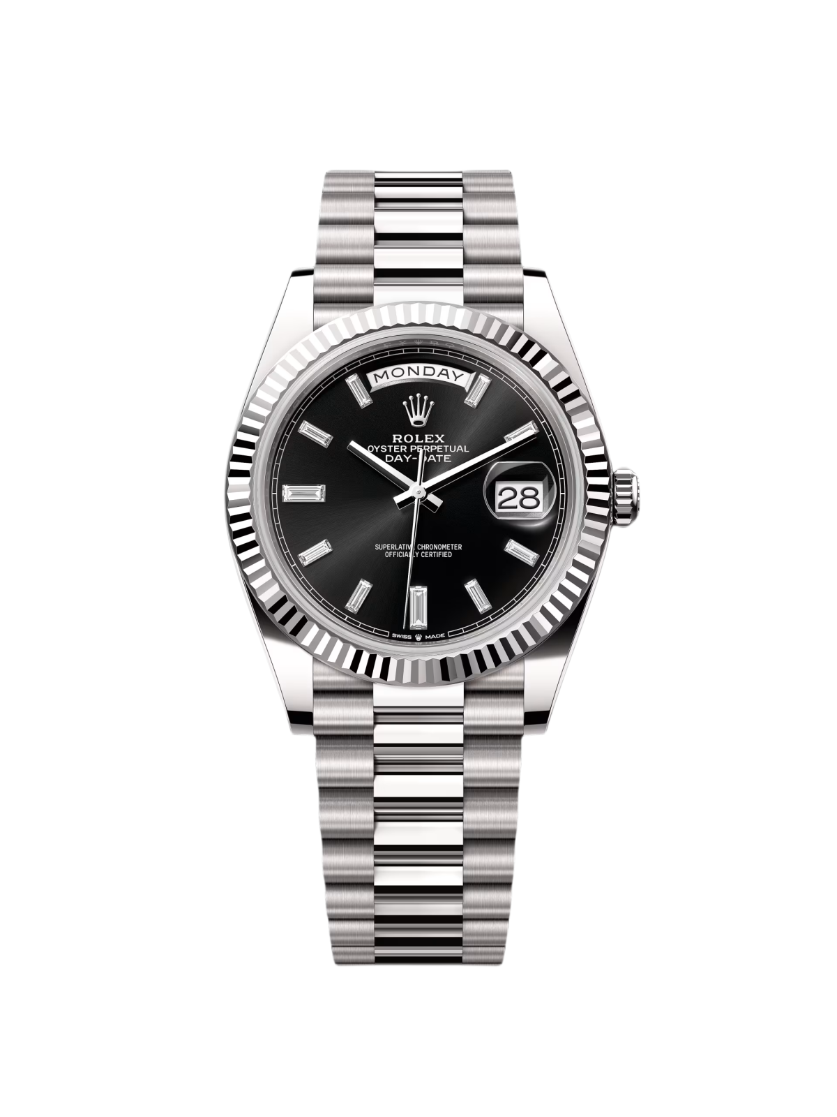 447DC6F9-F5CB-D560-3C13-3E700CA7E9D0.png Rolex Day-Date President 40mm White Gold Black Diamond Baguette Dial - 228239 - Image 1