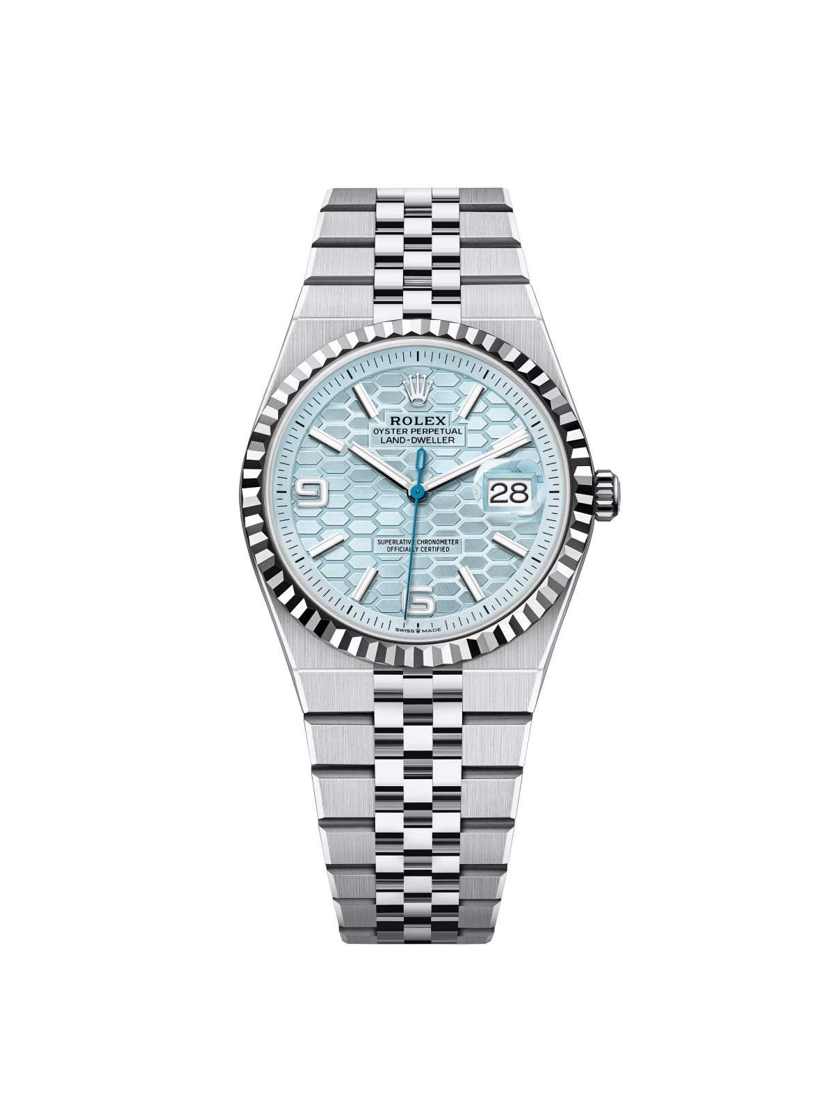5161D7B7-7A8D-C2C3-C5A8-1C6B50870E48.jpg Rolex Land-Dweller 127236-0001 Blue Honeycomb Dial Platinum Jubilee Bracelet 36mm - Image 1