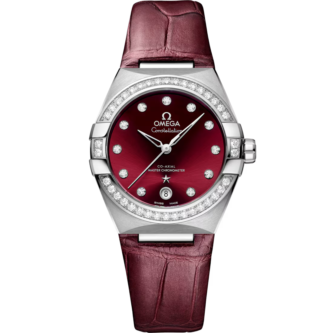 521282A3-D888-7167-5AAA-A139C6AF36B1.avif Omega Constellation 36mm Red Dial with Diamonds Stainless Steel Strap 131.18.36.20.61.001 - Image 1