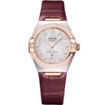 Omega Constellation 29mm Steel And Sedna Gold Case Diamond Bezel PVD Canopus Gold Silver Dial Burgundy Leather Strap 131.28.29.20.52.001