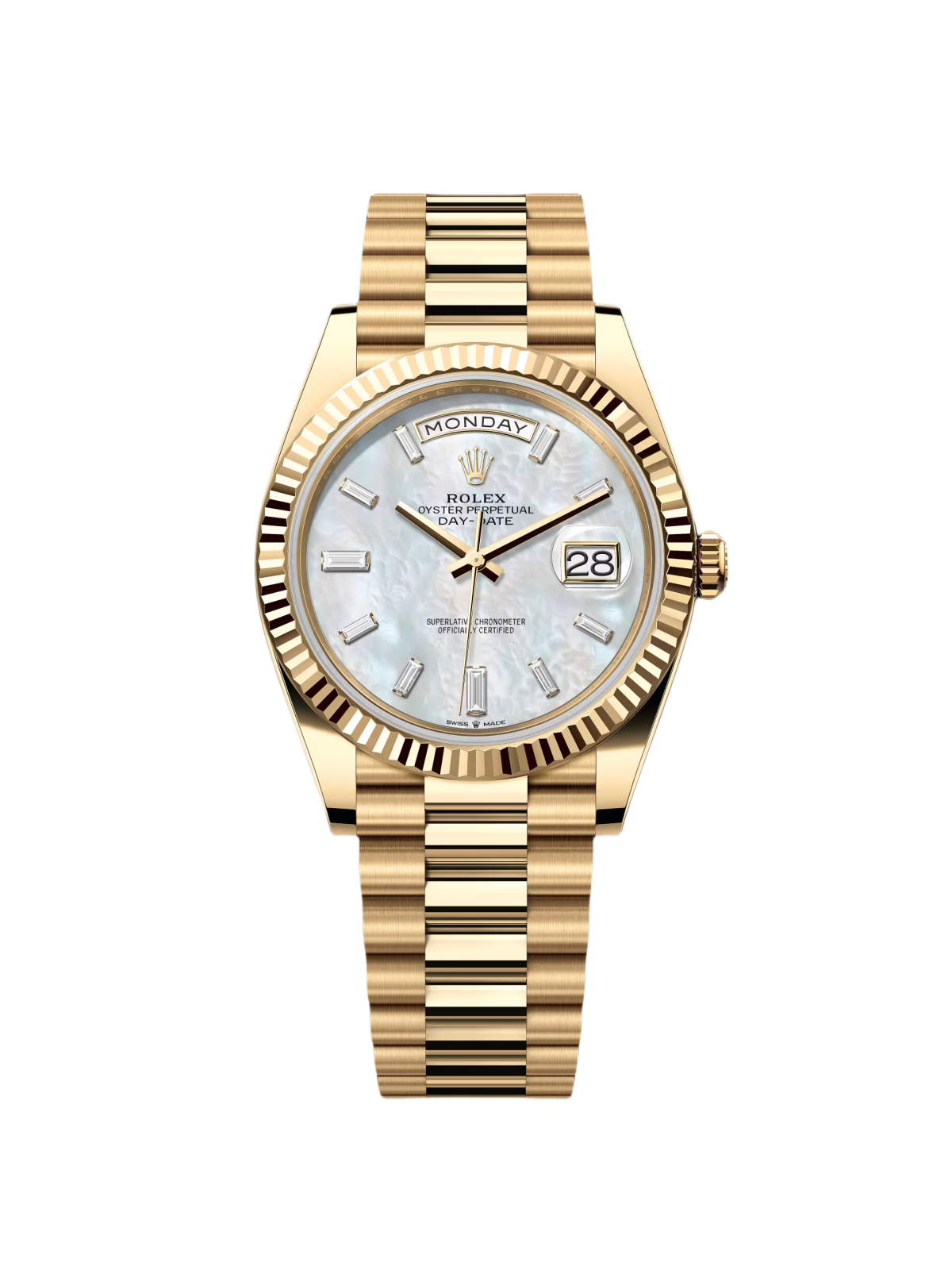 573558C1-270D-2A2D-3B07-E3CD09F364CB.png Rolex Day-Date 40mm Yellow Gold President Mother of Pearl Diamond Baguette Dial - 228238 - Image 1