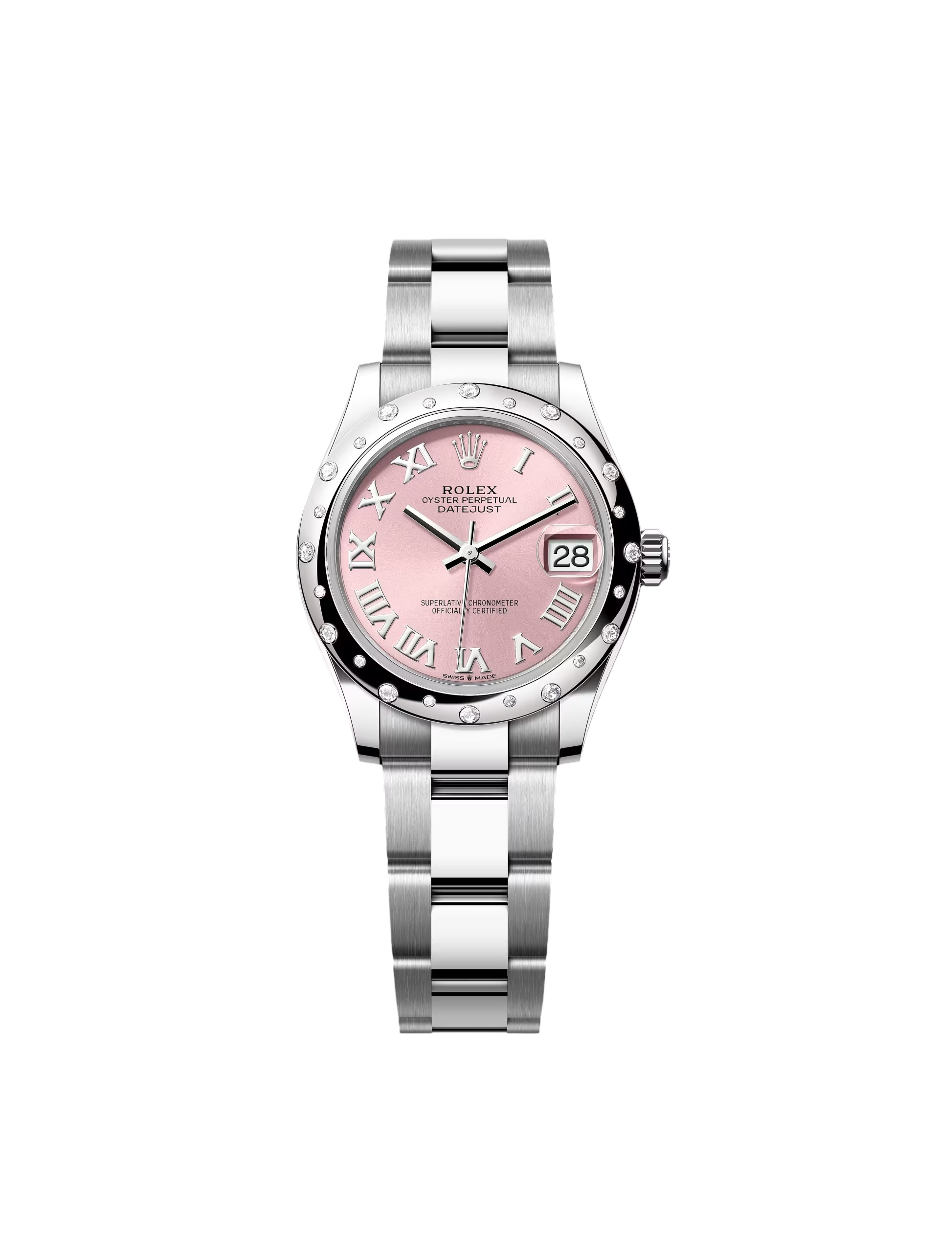 5A7A1926-AD39-BD01-82A6-7148C649D6FF.png Rolex Datejust m278344-0021/0022 Pink Dial 31mm Domed Diamond Oyster Watch - Image 1