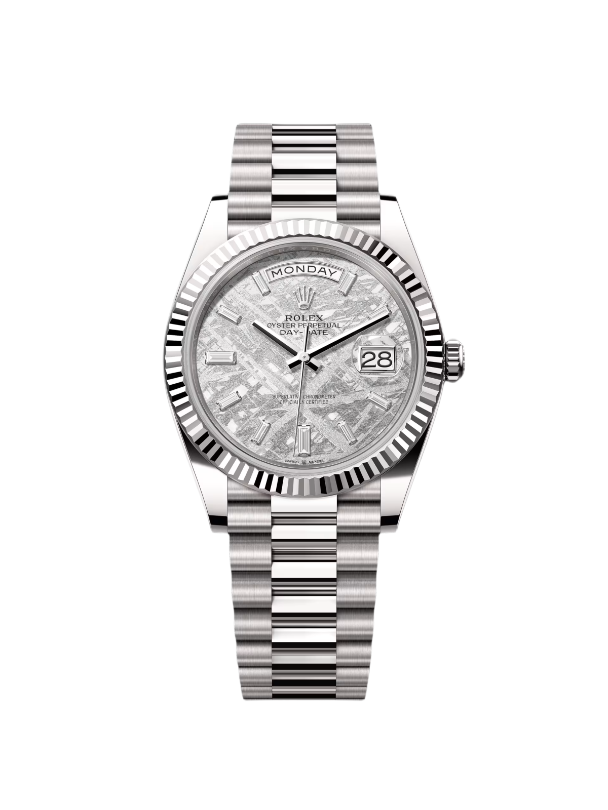 61B7EEF1-683C-53B6-F5C4-CBDABE200053.png Rolex Day-Date President 40mm White Gold Meteorite Diamond Baguette Dial - 228239 - Image 1