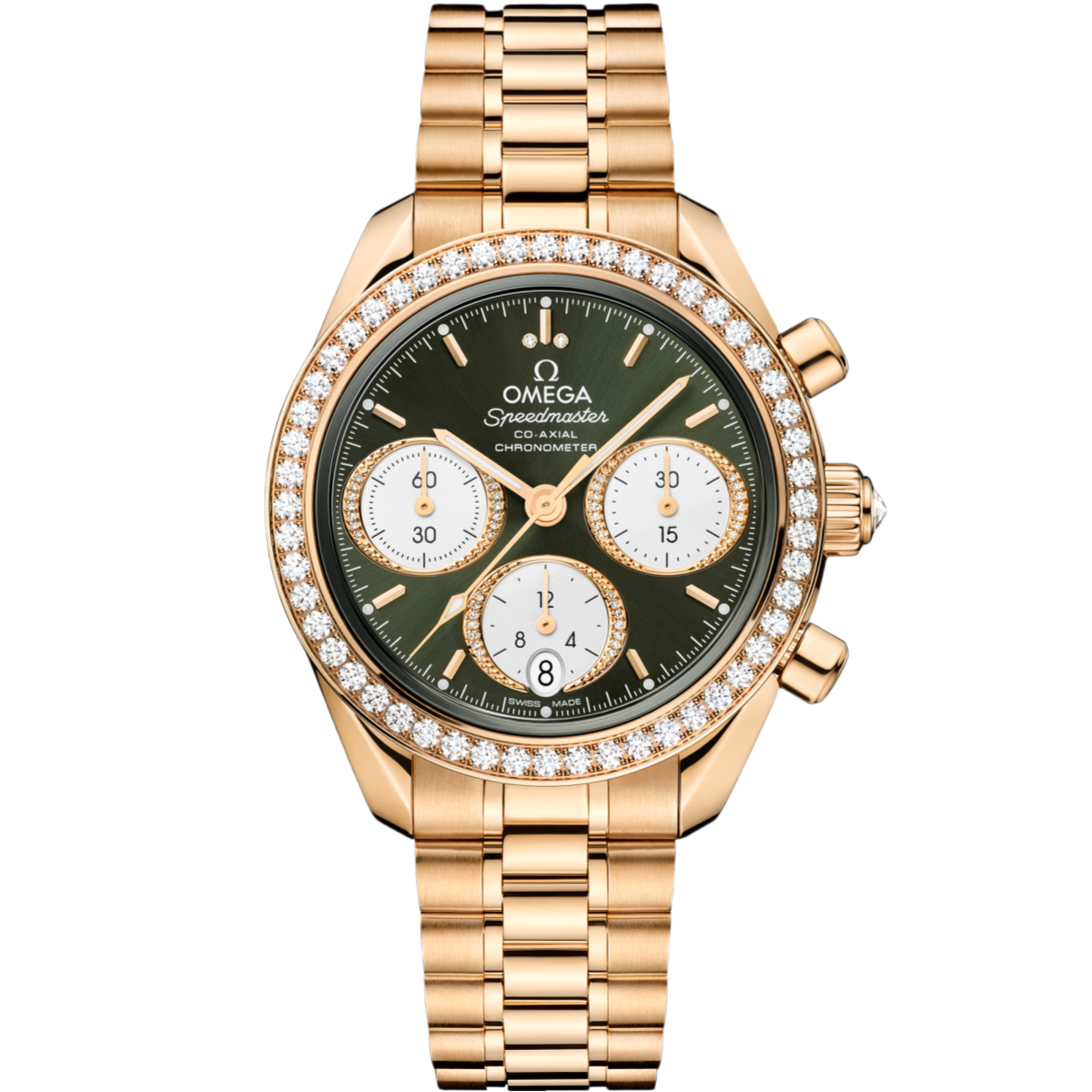 675C5582-68F2-AECA-86FB-A55132D3F13B.png Omega Speedmaster 38 Green Dial 38mm with Diamonds Moonshine™ 18k Rose Gold Bracelet 324.55.38.50.60.001 - Image 1