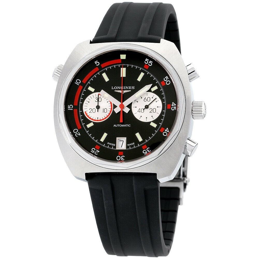 695010B2-F843-0376-8AF7-2650B208E722.jpg Longines Men's L2.796.4.52.9 Heritage Chronograph Black Silicone Watch - Image 1