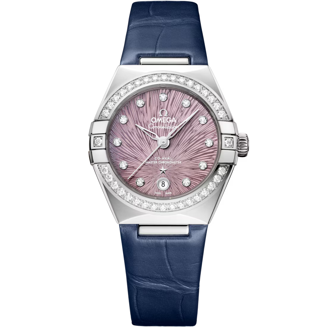 7A95D4A4-04A0-4ABA-AAAF-759A35FAAB0E.avif Omega Constellation - 29mm Steel Case - Diamond Bezel - PVD Lilac Dial - Blue Leather Strap 131.18.29.20.60.001 - Image 1