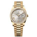 Rolex Day-Date 40mm Silver Roman Dial and Diamond Bezel Yellow Gold President Bracelet 228348RBR-0007