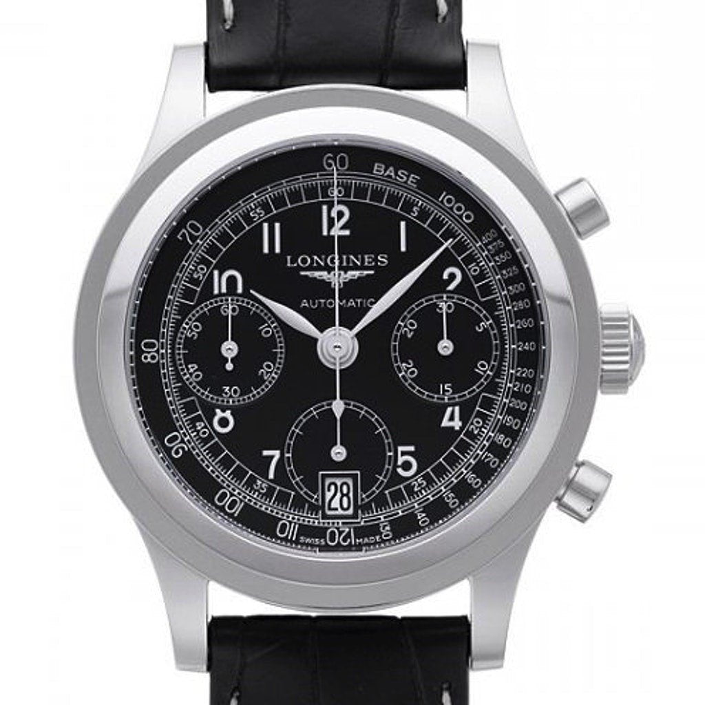 7EF8218A-B665-387B-0CFC-AAFDB2F725BC.jpg Longines Men's L2.768.4.53.2 Heritage Chronograph Black Leather Watch - Image 1