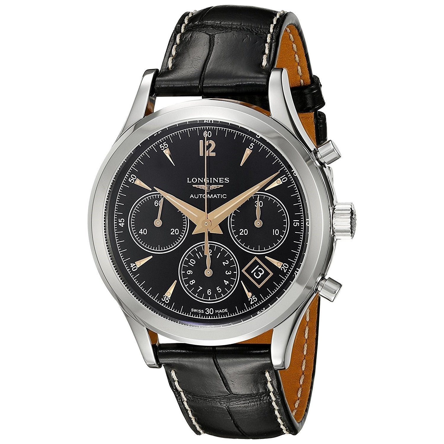 856A6D1D-AD9E-F20E-5FDF-9BD8FC596820.jpg Longines Men's L27504560 Flagship Heritage Chronograph Automatic Black Leather Watch - Image 1