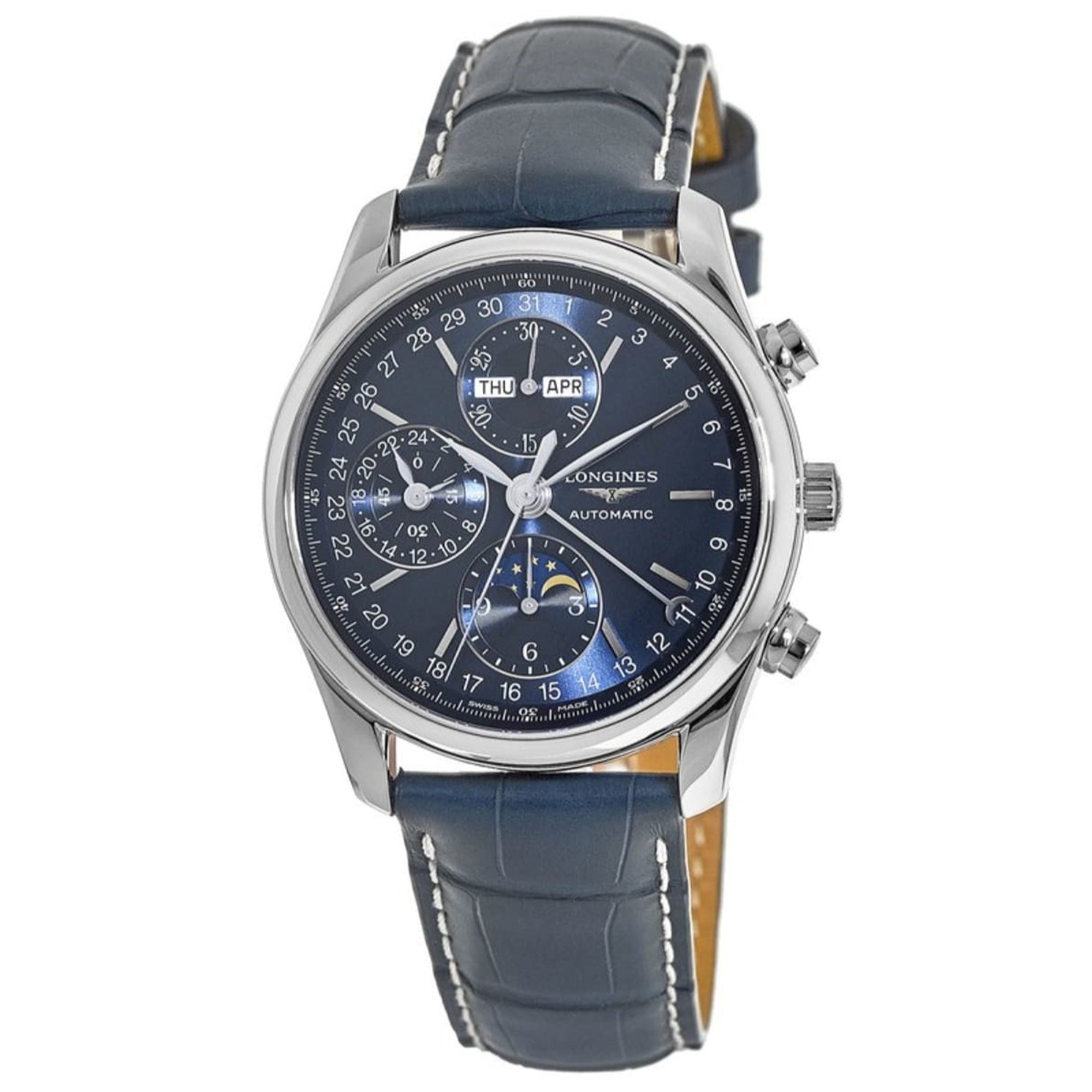 8915EFAD-C990-B8AC-38BA-9C6EB9DC7EF3.jpg Longines Men's L2.673.4.92.0 Master Collection Chronograph Blue Leather Watch - Image 1