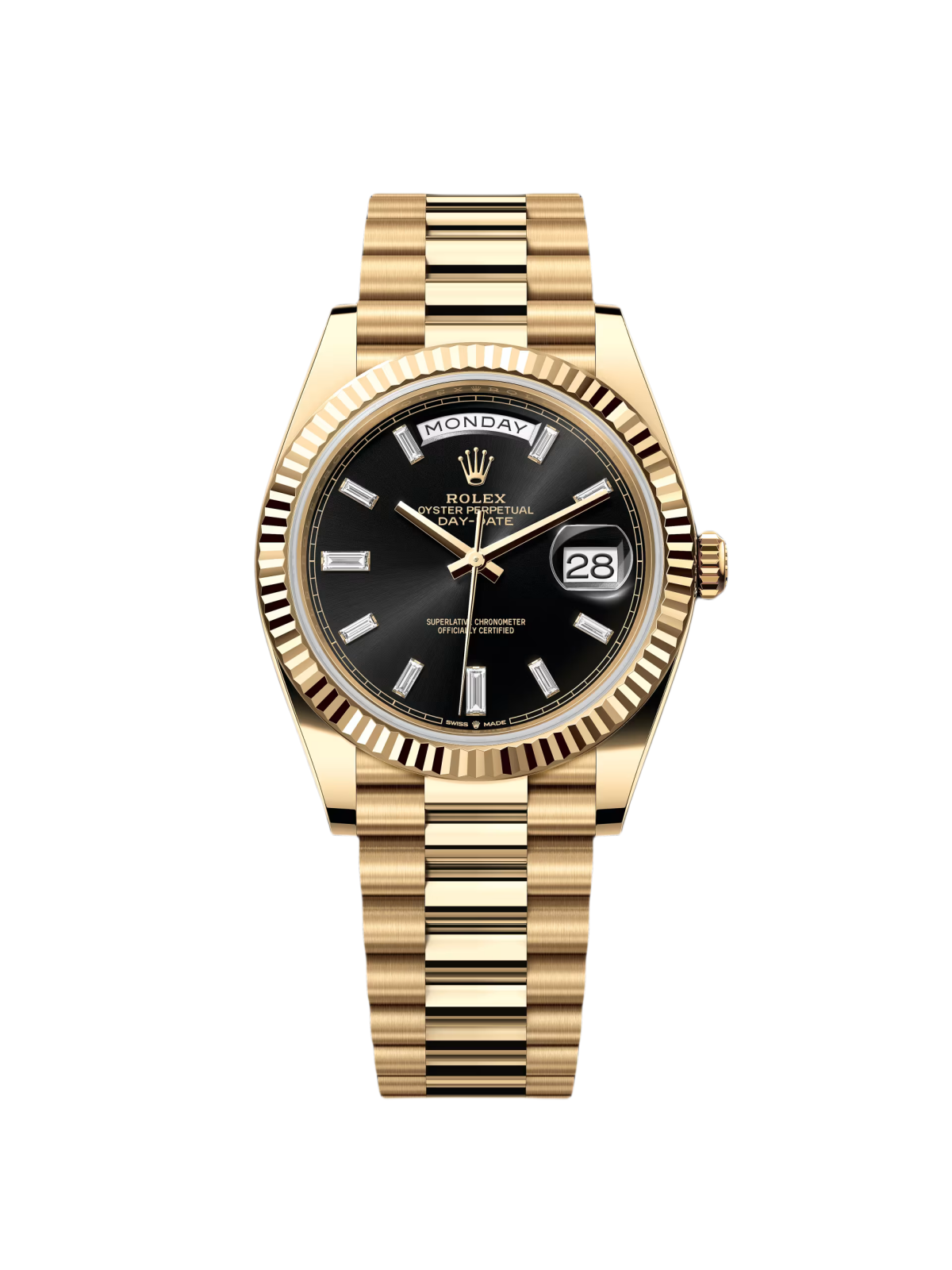 8D4C8E2C-2BBF-8D81-7CC7-589C384F8F2C.png Rolex Yellow Gold President Day Date 40mm Black Diamond Baguette Dial - 228238 - Image 1