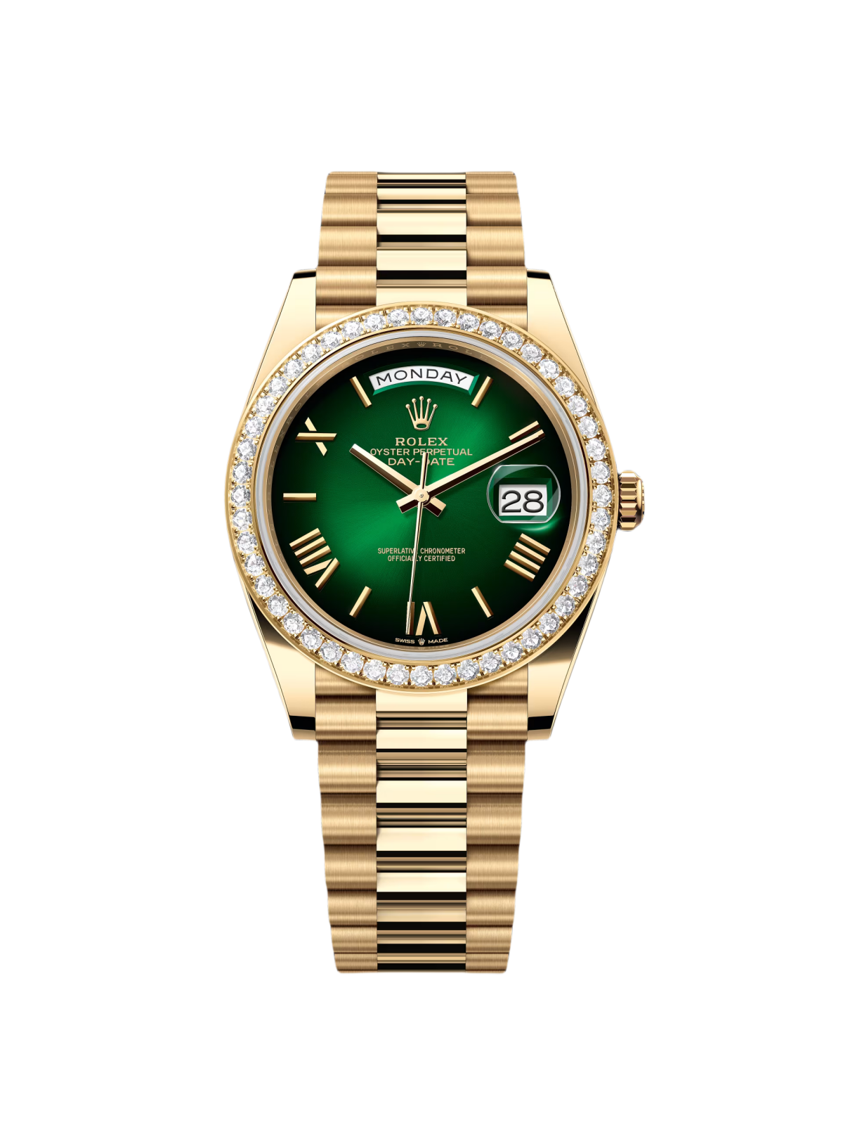 92BE1441-A2FE-281B-1B74-7920A67050D0.png Rolex Day-Date President 40mm Yellow Gold Green Ombre Dial Diamond Bezel - 228348rbr - Image 1