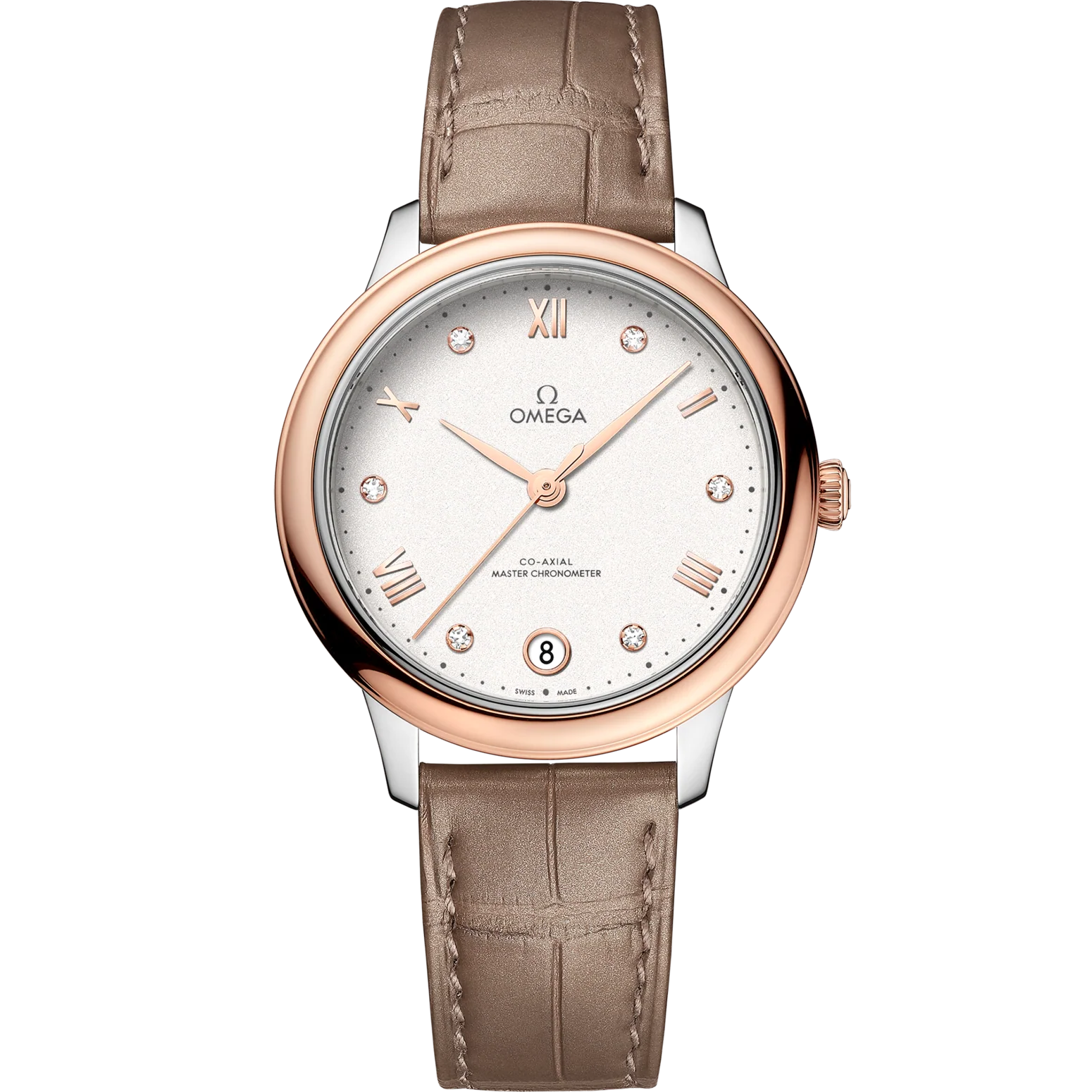 98AA0EDC-8E0E-91F2-0EE5-2B5A6B3F12CC.png Omega De Ville Prestige 34 mm Silver Dial with Diamonds Stainless Steel and Sedna™ 18k Rose Gold Strap 434.23.34.20.52.001 - Image 1