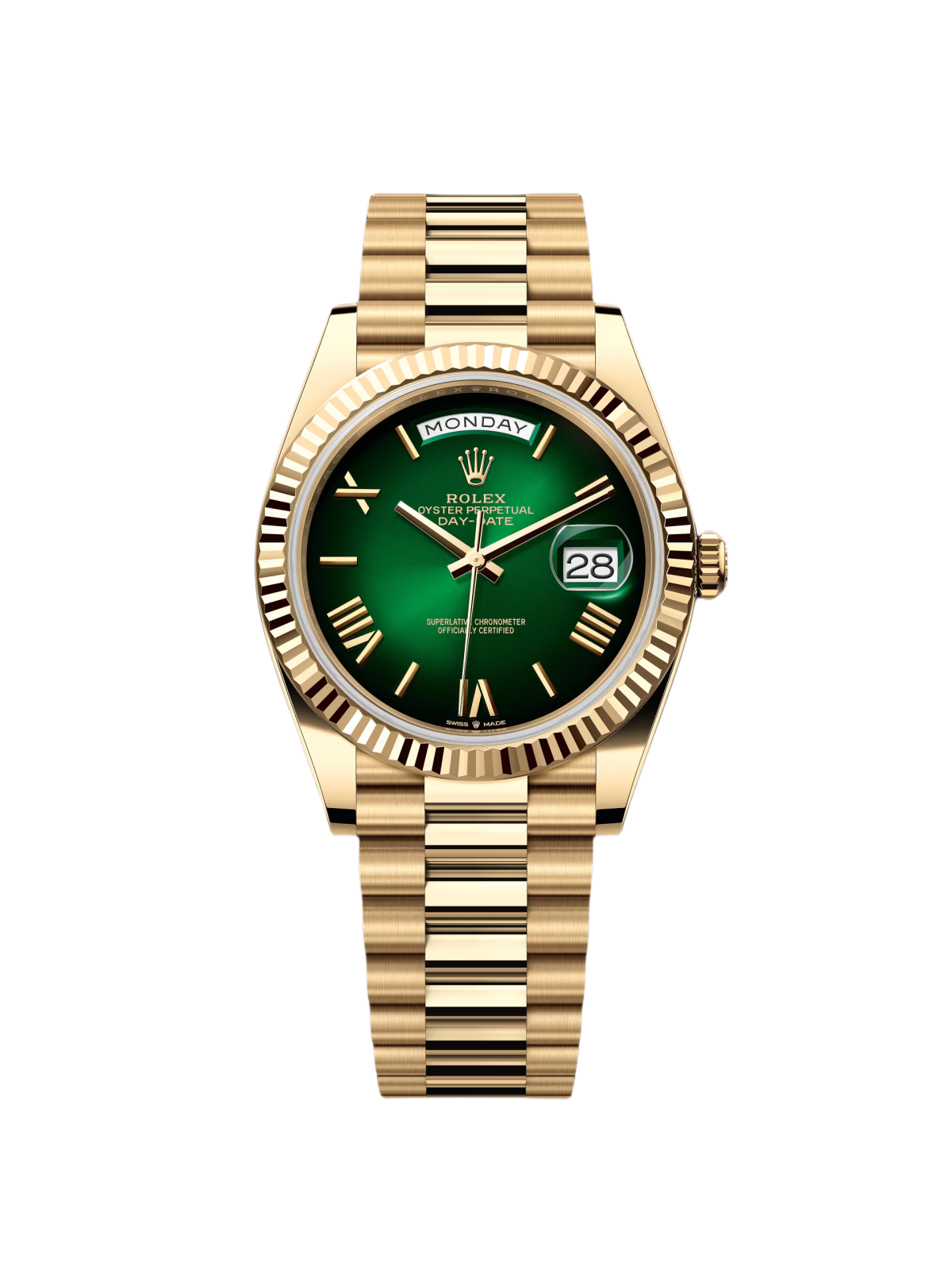 99406C6F-E199-735C-2312-D67AF98A77BC.png Rolex Yellow Gold President Day Date 40mm Green Roman Ombre Dial - 228238 - Image 1