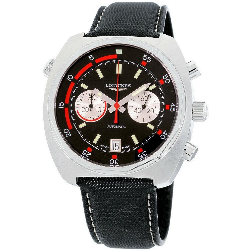 9C43992D-F88D-0D66-9C2B-F5796BFCAF69.jpg Longines Men's L2.796.4.52.0 Heritage Chronograph Black Canvas Watch - Image 1