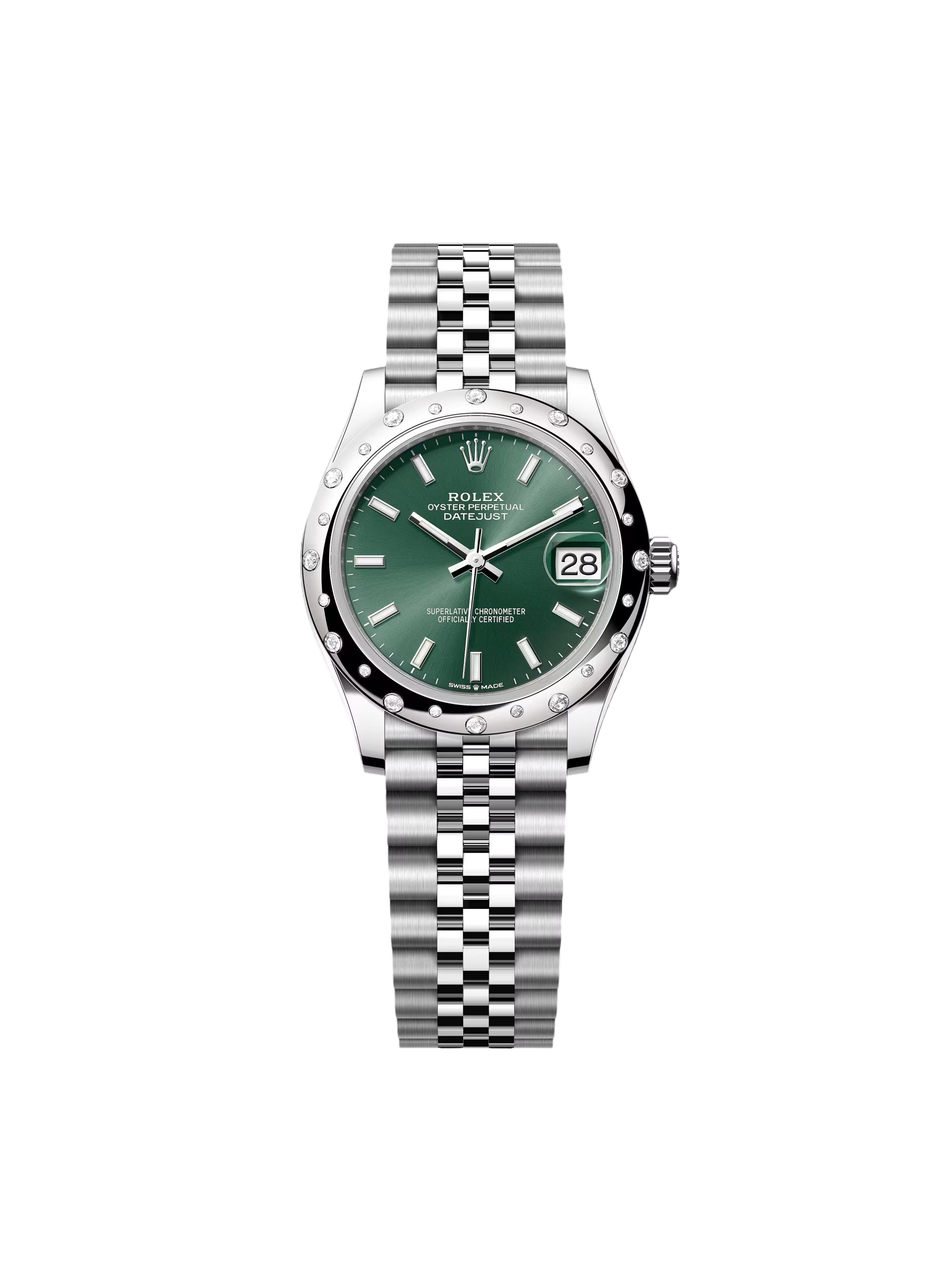 A3B9CF7D-D8E8-AD6B-25A6-CF81F1C702EF.png Rolex Datejust m278344-0019/0020 Mint Green Dial 31mm Domed Diamond Oyster Watch - Image 1