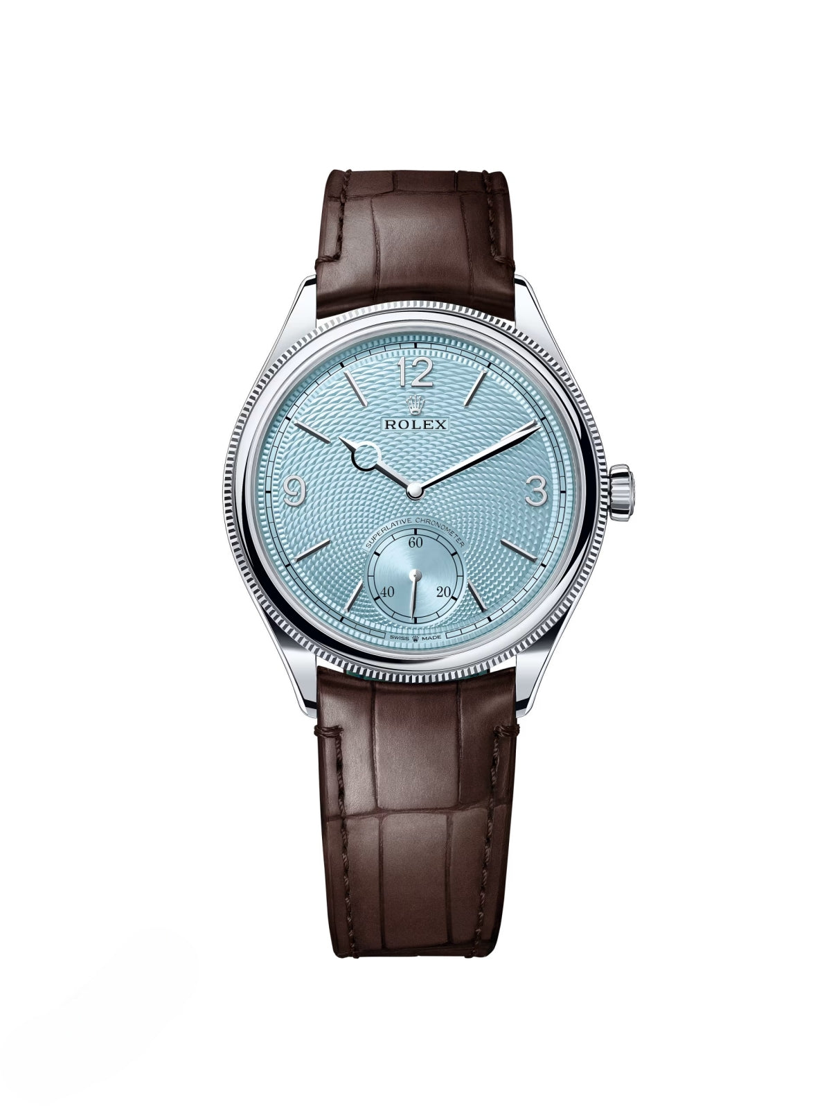 A6F8E285-AE04-535C-8803-66D2F99E0FFD.jpg Rolex 1908 Platinum Ice Blue Dial Brown Alligator Strap - 52506-0002 - Image 1