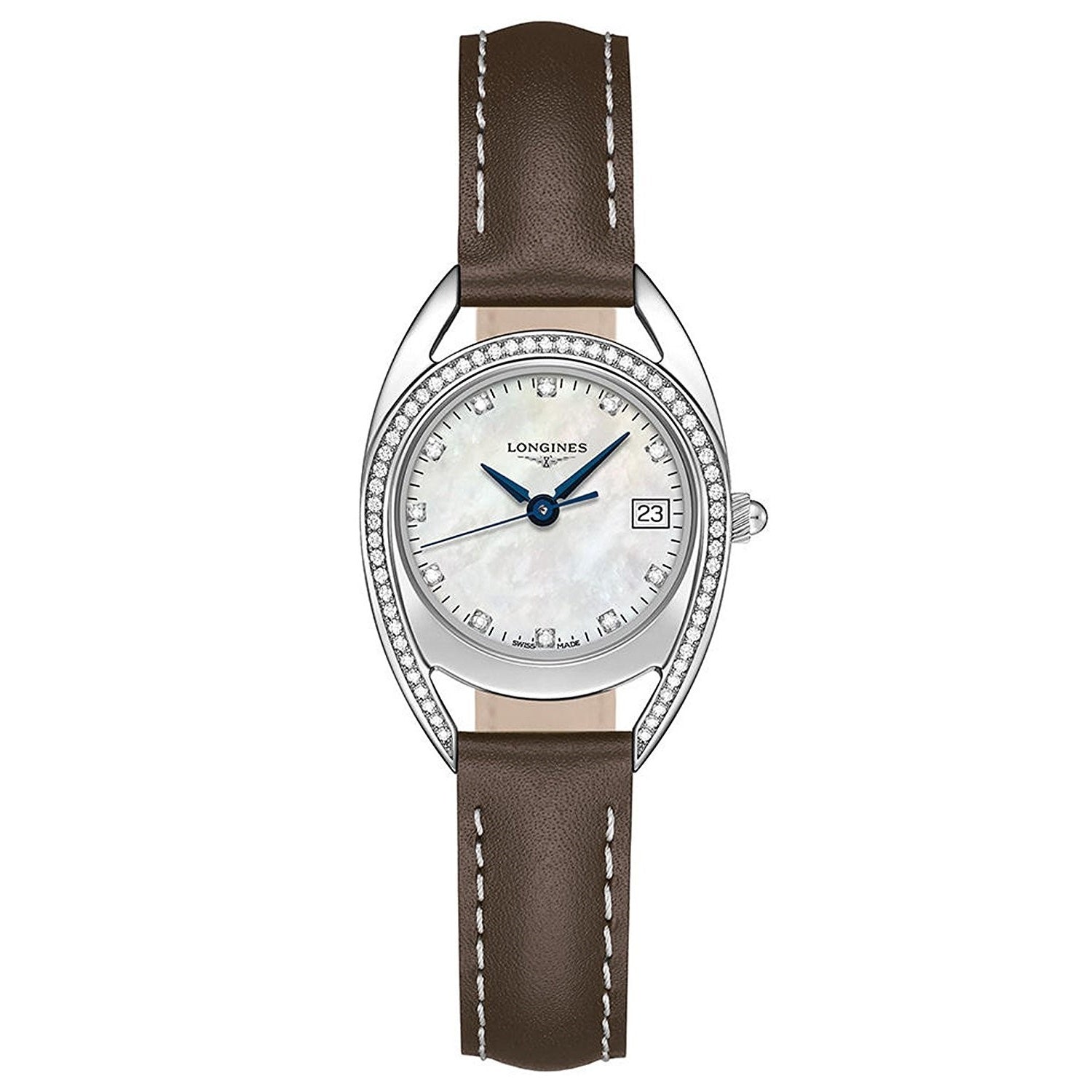 AE37A7BD-C586-92E7-BABE-6F537A5B74E1.jpg Longines Women's L6.136.0.87.2 Equestrian Diamond Brown Leather Watch - Image 1