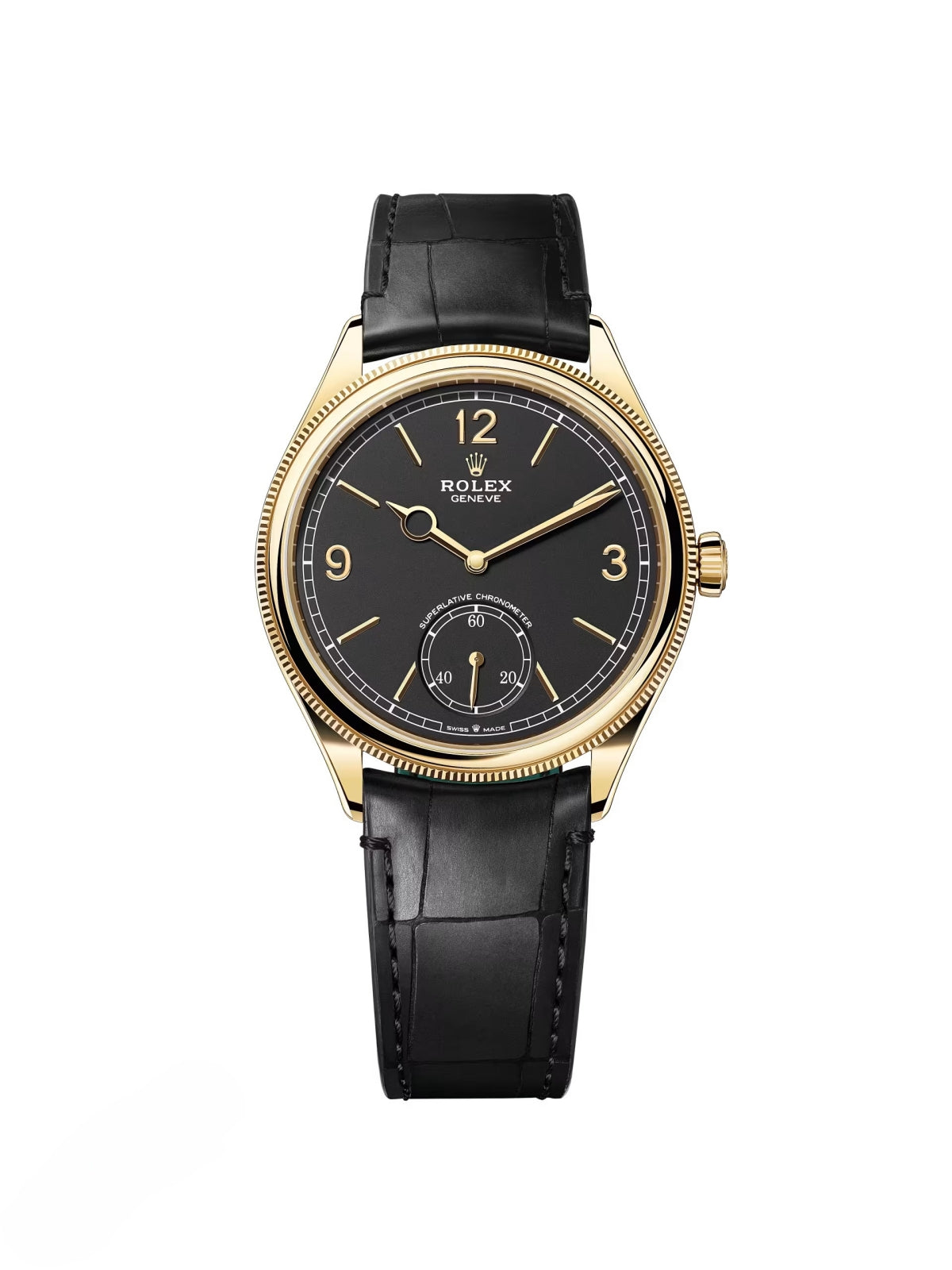 AF61DC9F-F0EF-EC9D-A531-4AB160604B40.jpg Rolex 1908 Yellow Gold Black Dial Black Alligator Strap - 52508-0002 - Image 1