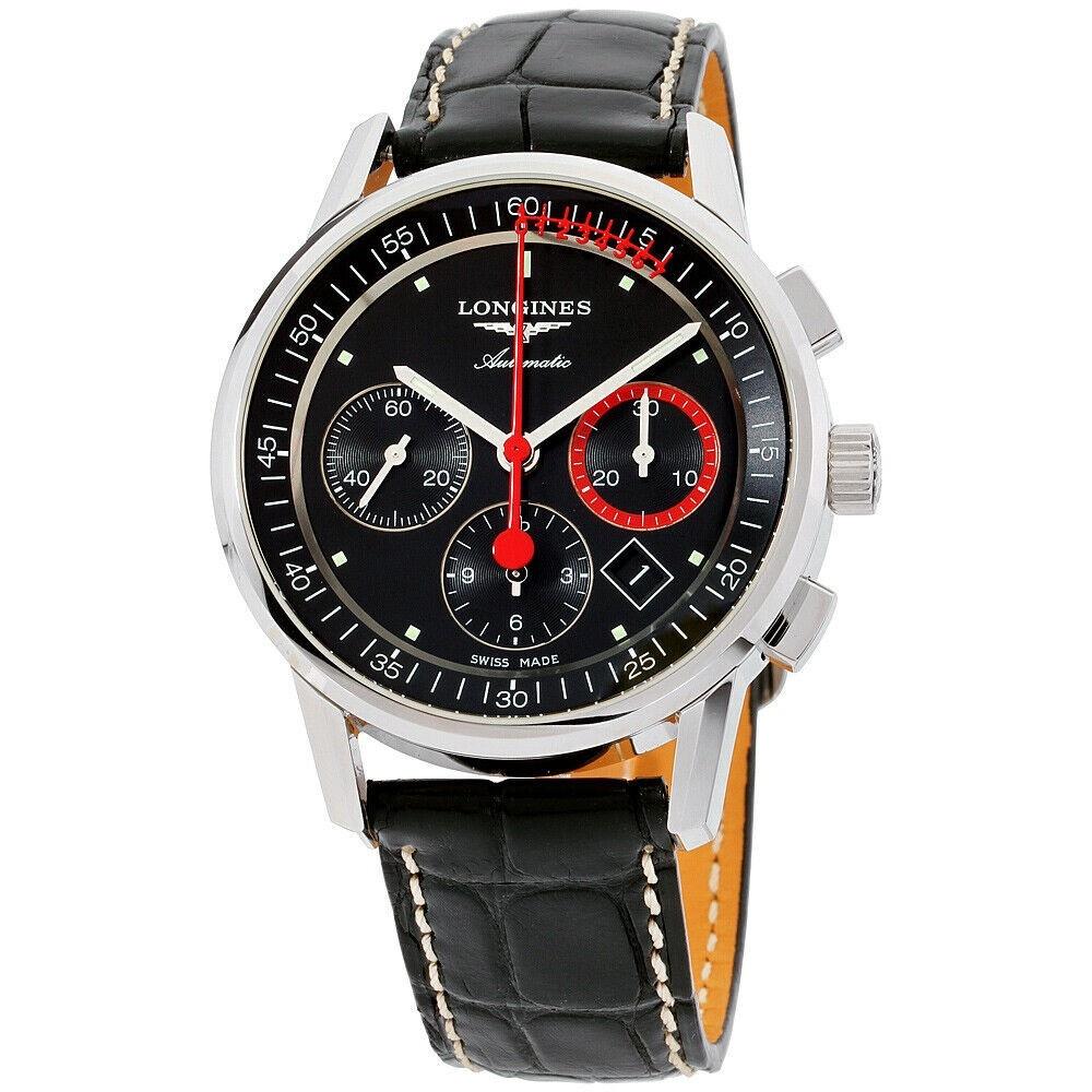 B07E4CB3-5C87-E05A-E703-CAB138CFBD74.jpg Longines Men's L4.754.4.52.4 Heritage Chronograph Black Leather Watch - Image 1