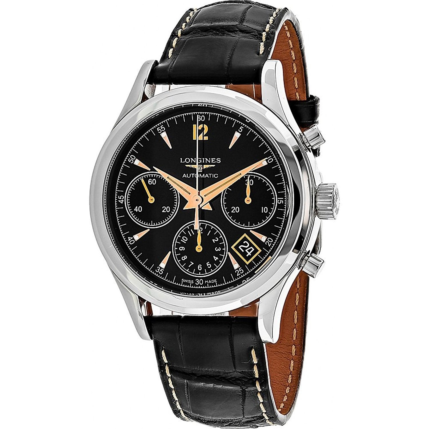 B34840E6-1422-0FEC-AE8B-A554A337F70E.jpg Longines Men's L27424560 Flagship Heritage Chronograph Automatic Black Leather Watch - Image 1