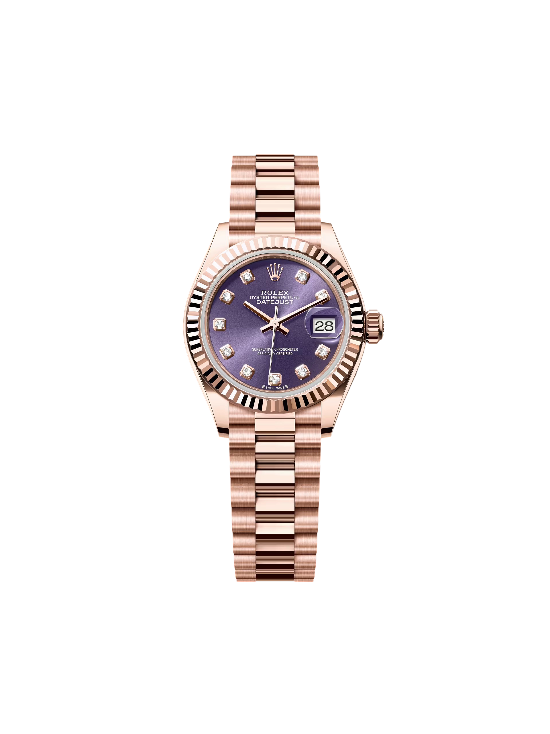 BB9DB3E8-ED12-0034-D0A1-752F9ADC88A2.png Rolex Lady-Datejust 28mm 279175 Aubergine Diamond-Set Dial President Everose Gold - Image 1