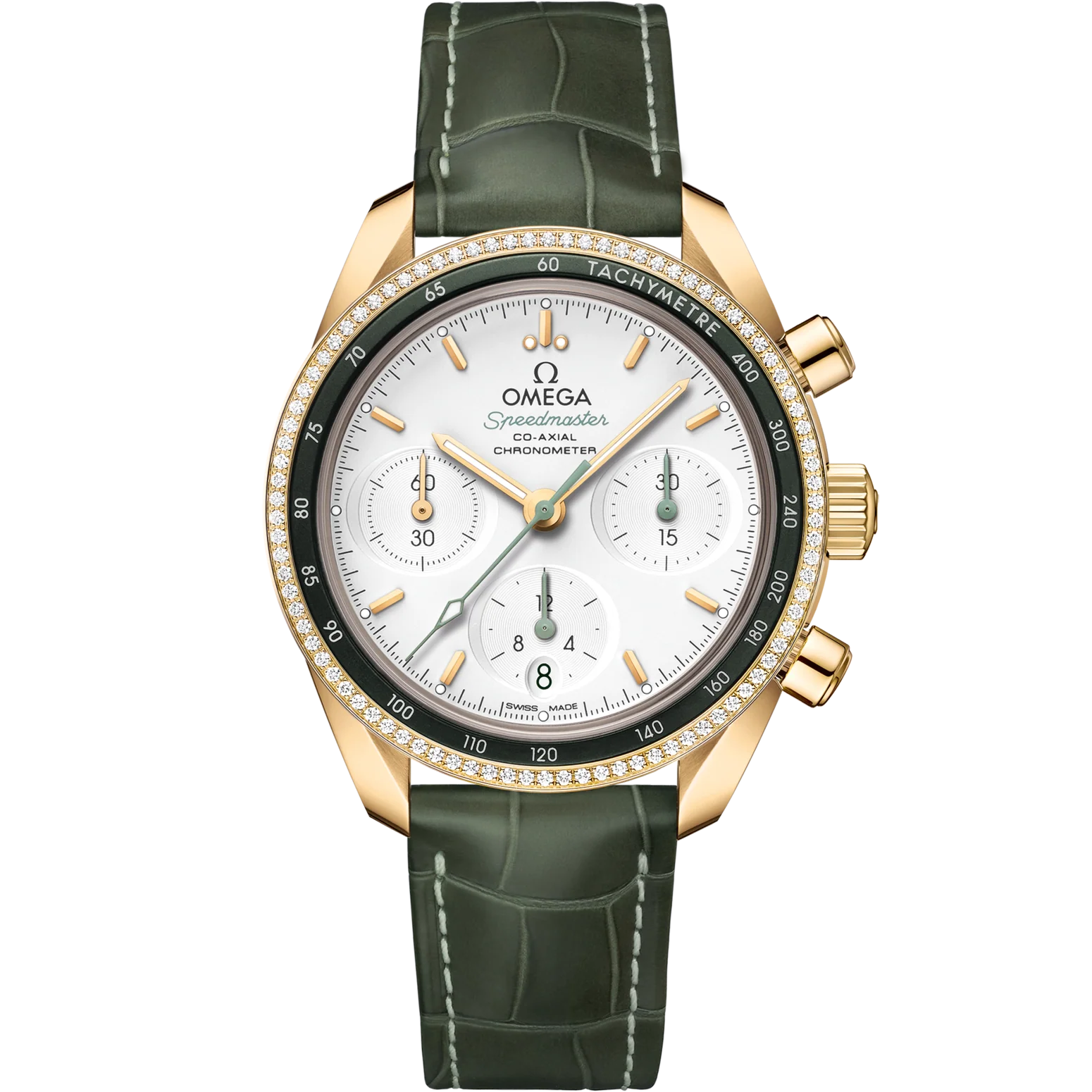 BD09E6E9-9028-F4D6-D4DB-8DC02842F22F.png Omega Speedmaster 38 Silver Dial 38mm with Diamonds 18k Yellow Gold Strap 324.68.38.50.02.004 - Image 1