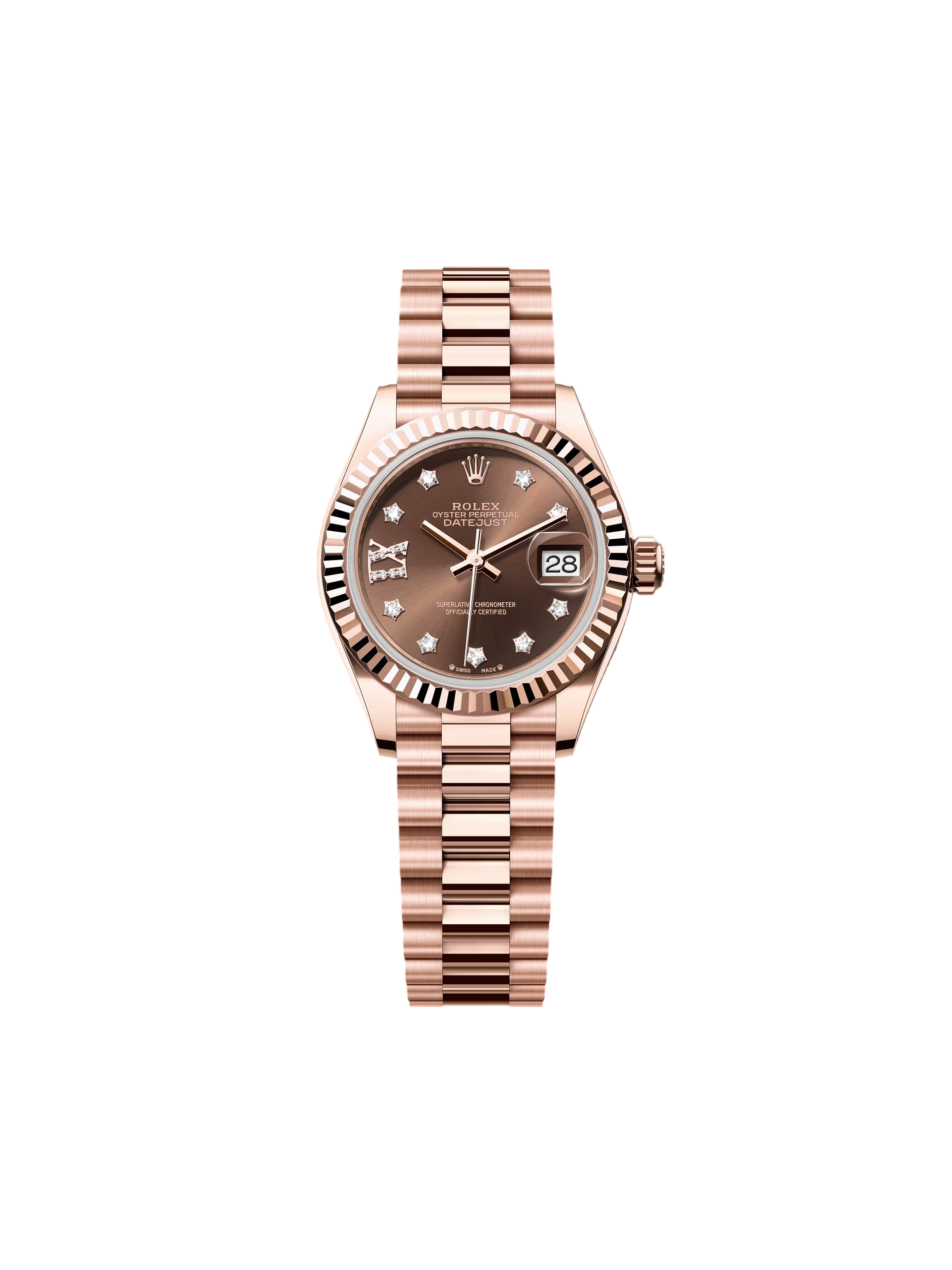 BE915B13-449D-1675-6083-88C006B720FB.png Rolex Lady-Datejust 28mm 279175 Chocolate Diamond-Set Dial President Everose Gold - Image 1