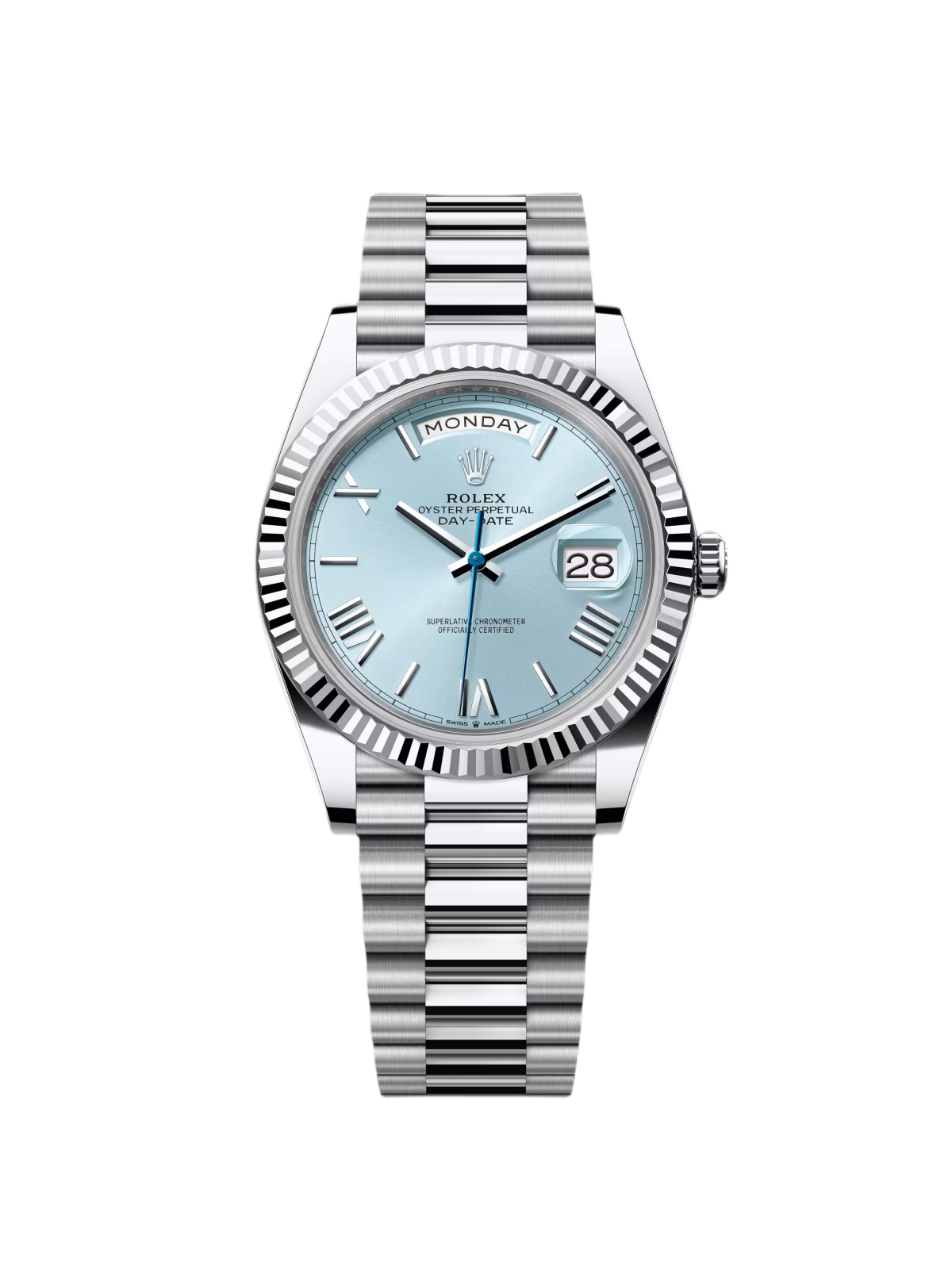 BEFA5CD9-4F33-94CF-834E-1ECC3FE36371.png Rolex Day-Date President 40mm Platinum Ice Blue Roman Dial - 228236 - Image 1