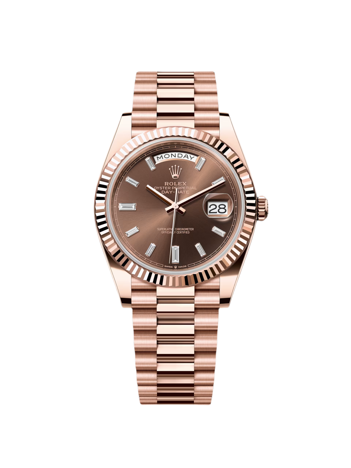 CE722EA9-6C37-B30D-5A29-27F1913643E4.png Rolex Day-Date President 40mm Everose Gold Chocolate Diamond Baguette Dial - 228235 - Image 1