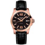 Longines Men's L36768563 Conquest 18kt Rose Gold Automatic Black Leather Watch
