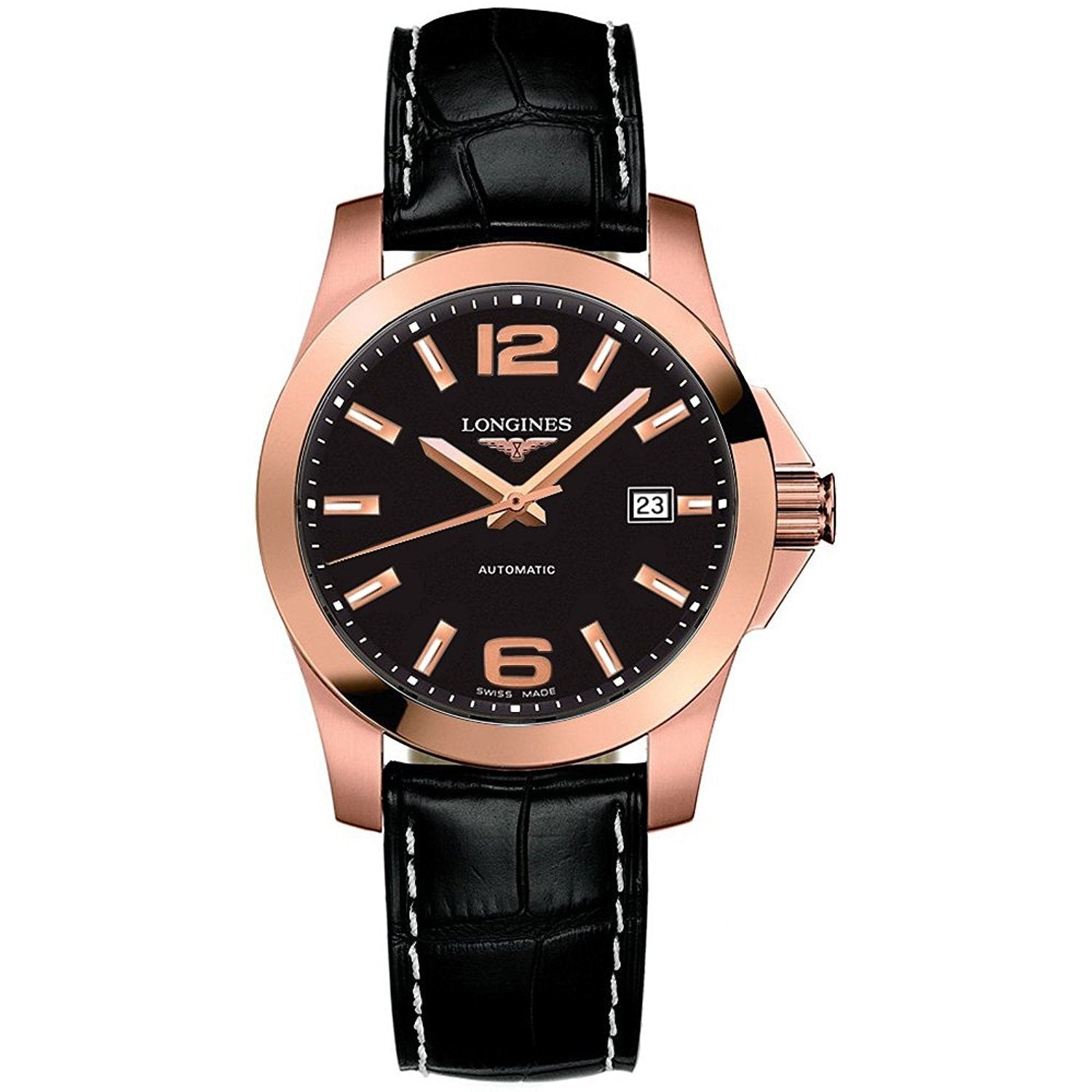 CF31B210-61EA-3128-21C8-B995C8539290.jpg Longines Men's L36768563 Conquest 18kt Rose Gold Automatic Black Leather Watch - Image 1