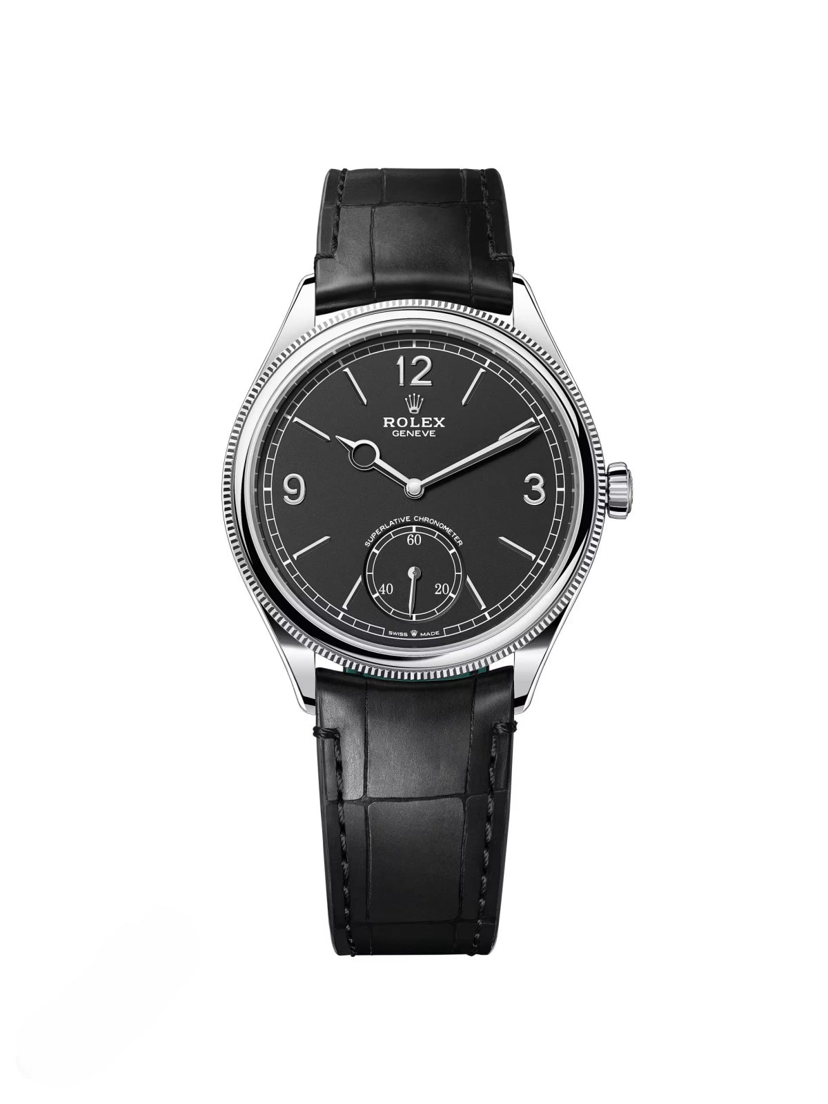 D5D08FBD-B415-2780-5ADA-3EE5C8F82C48_1c06b0ab-9c4e-4cc0-ab65-6b0346988eb7.jpg Rolex 1908 White Gold Black Dial Black Alligator Strap - 52509-0002 - Image 1