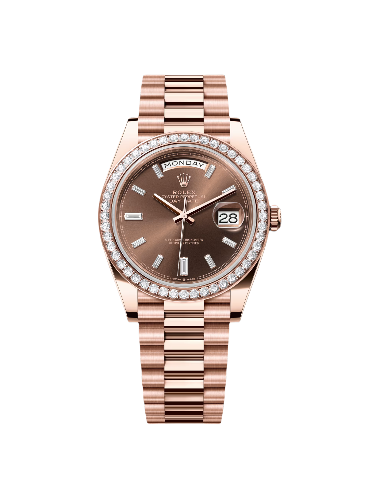 D69FBAAD-072D-2D33-19D5-C07936948928.png Rolex Day-Date 40mm Chocolate Baguette Diamond Dial Diamond Bezel Dial Watch 228345RBR - Image 1