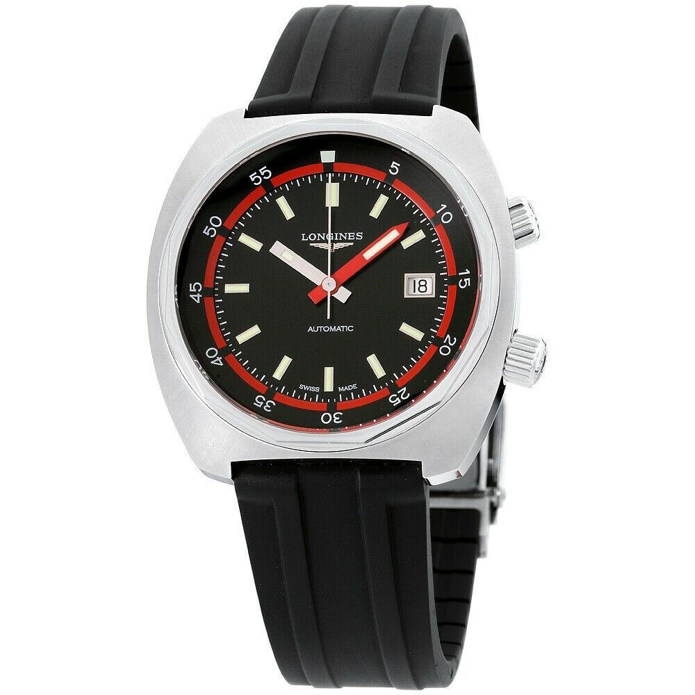 D6C2E16B-7645-57F8-0C04-0A82A0F87132.jpg Longines Men's L2.795.4.52.9 Heritage Black Silicone Watch - Image 1