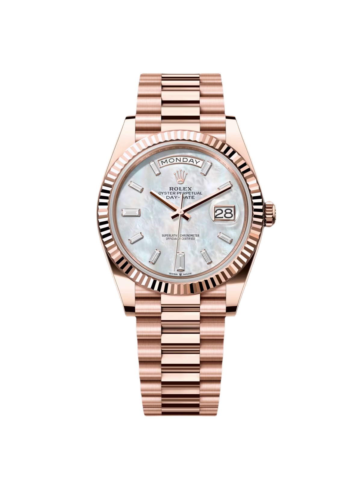 D8A66724-1E02-29F2-98FD-0E6FC25B3DF9.png Rolex Day-Date President 40mm Everose Gold Mother of Pearl Diamond Baguette Dial - 228235 - Image 1