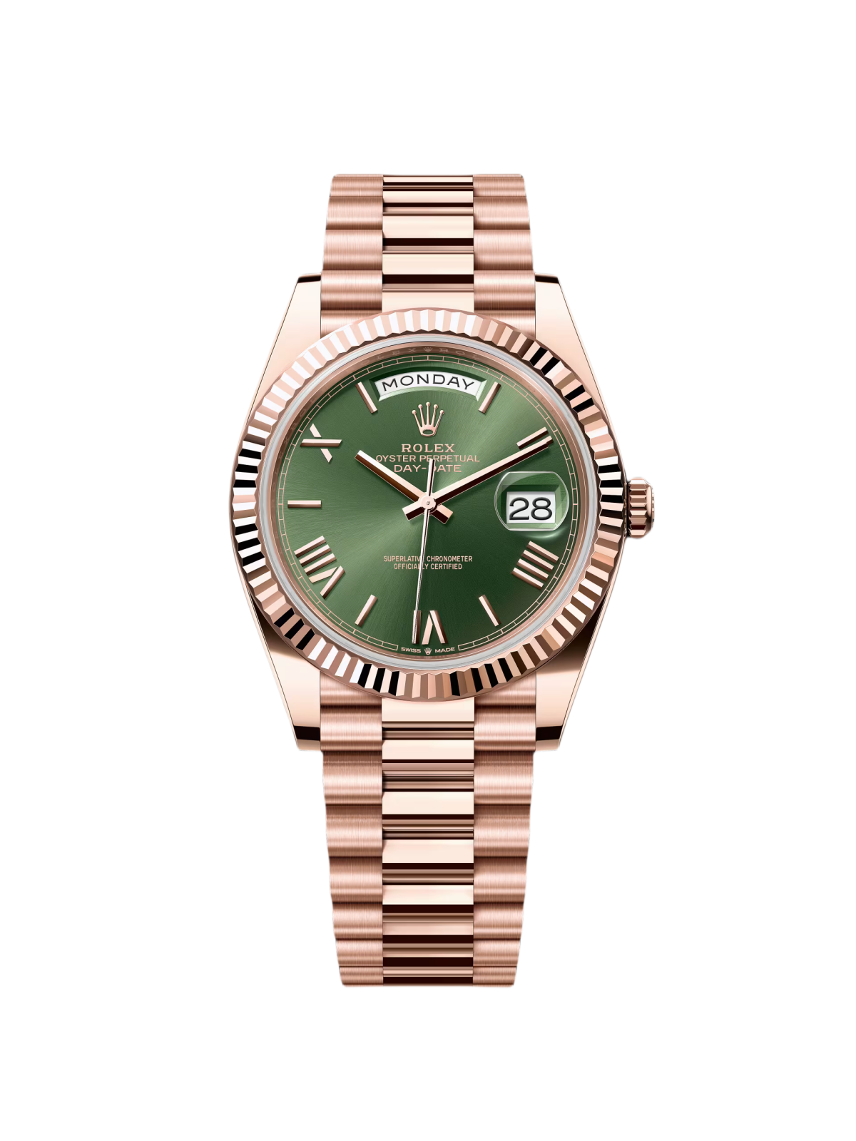 D9A94D9B-7DD8-5BF0-982A-A120D1E8A43E.png Rolex Day-Date President 40mm Everose Gold Olive Green Roman Dial - 228235 - Image 1
