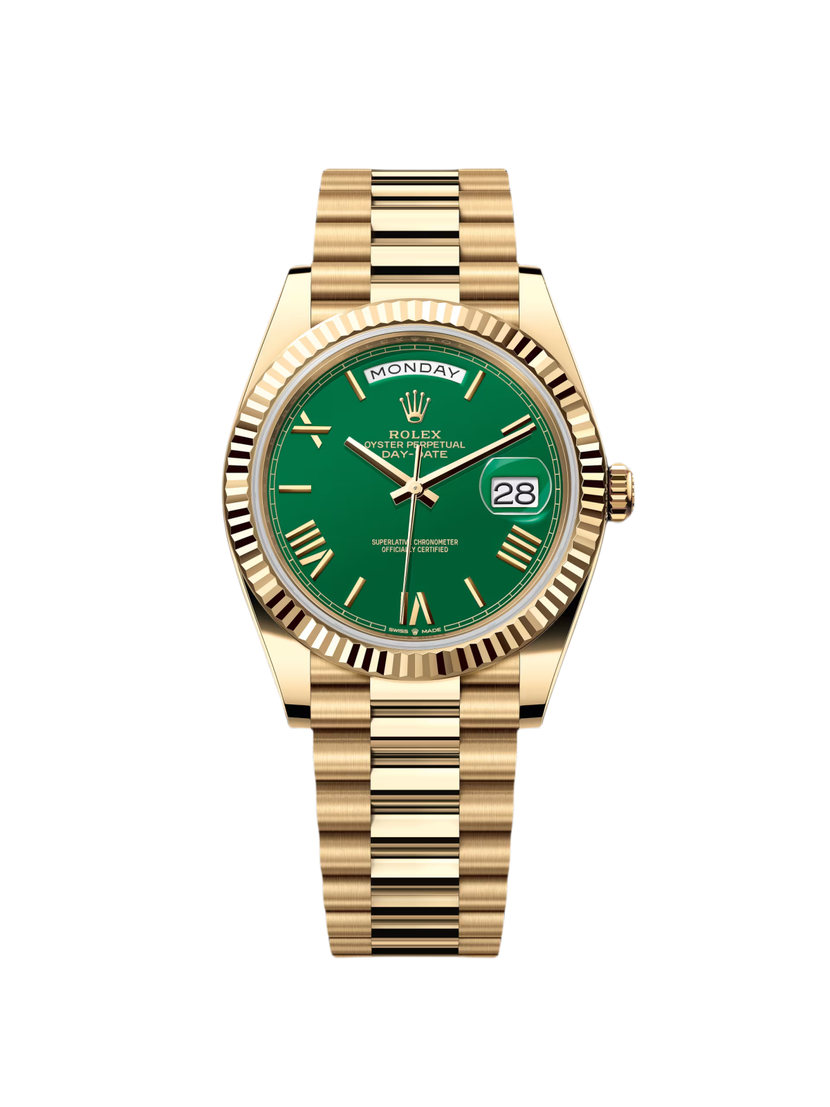 D9B20D09-9143-2581-22B7-8332E73AB302.png Rolex Day-Date President 40mm Yellow Gold Green Roman Money Dial - 228238 - Image 1